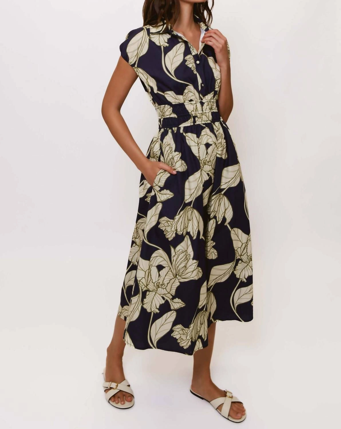 Collared Cap Sleeve Multi Elastic Banded Midi Dress In Navy Dramatic Vining Iris