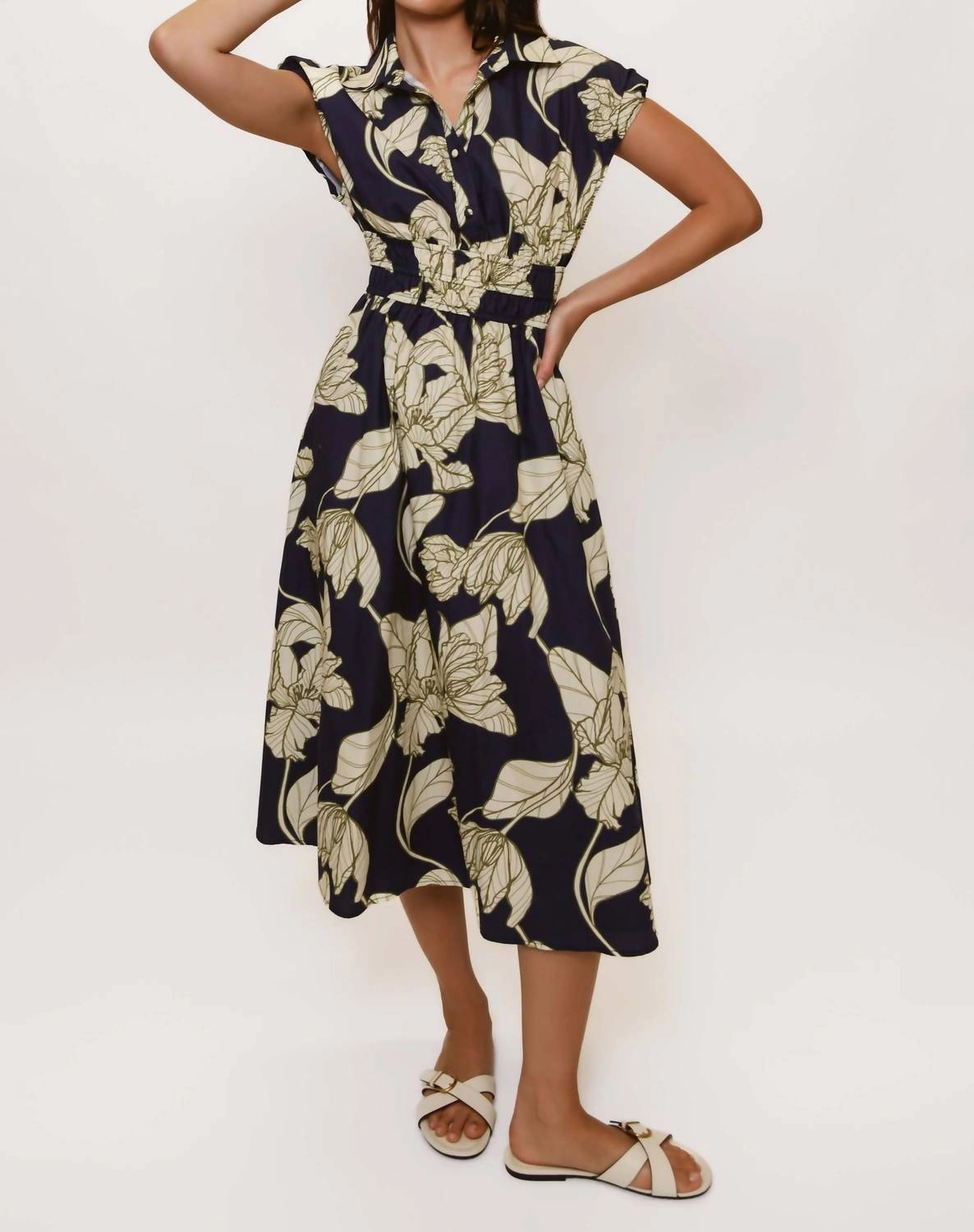 Collared Cap Sleeve Multi Elastic Banded Midi Dress In Navy Dramatic Vining Iris