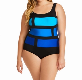Color Block One Piece Swimsuit - Plus In Stained Glass Blue Swim Womens - ruched swimwear outlet