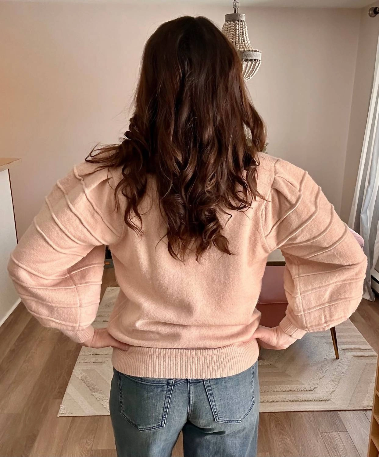 Crew Neck Textured Puff Sleeve Knitted Sweater In Carnation