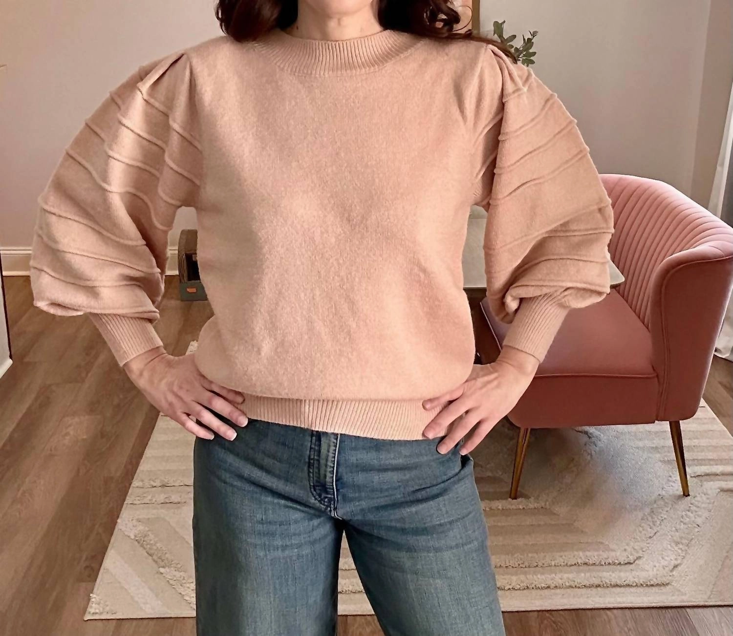 Crew Neck Textured Puff Sleeve Knitted Sweater In Carnation