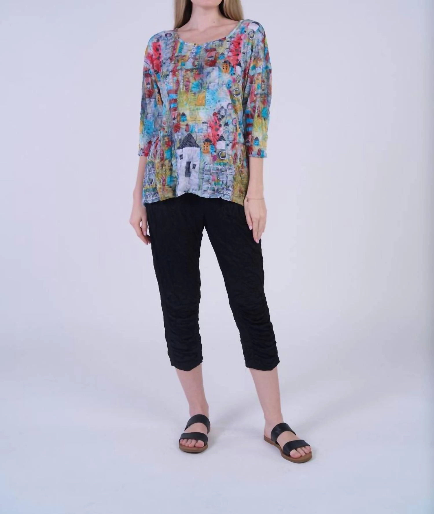 Crinkle Button Back Tunic Top In Multi