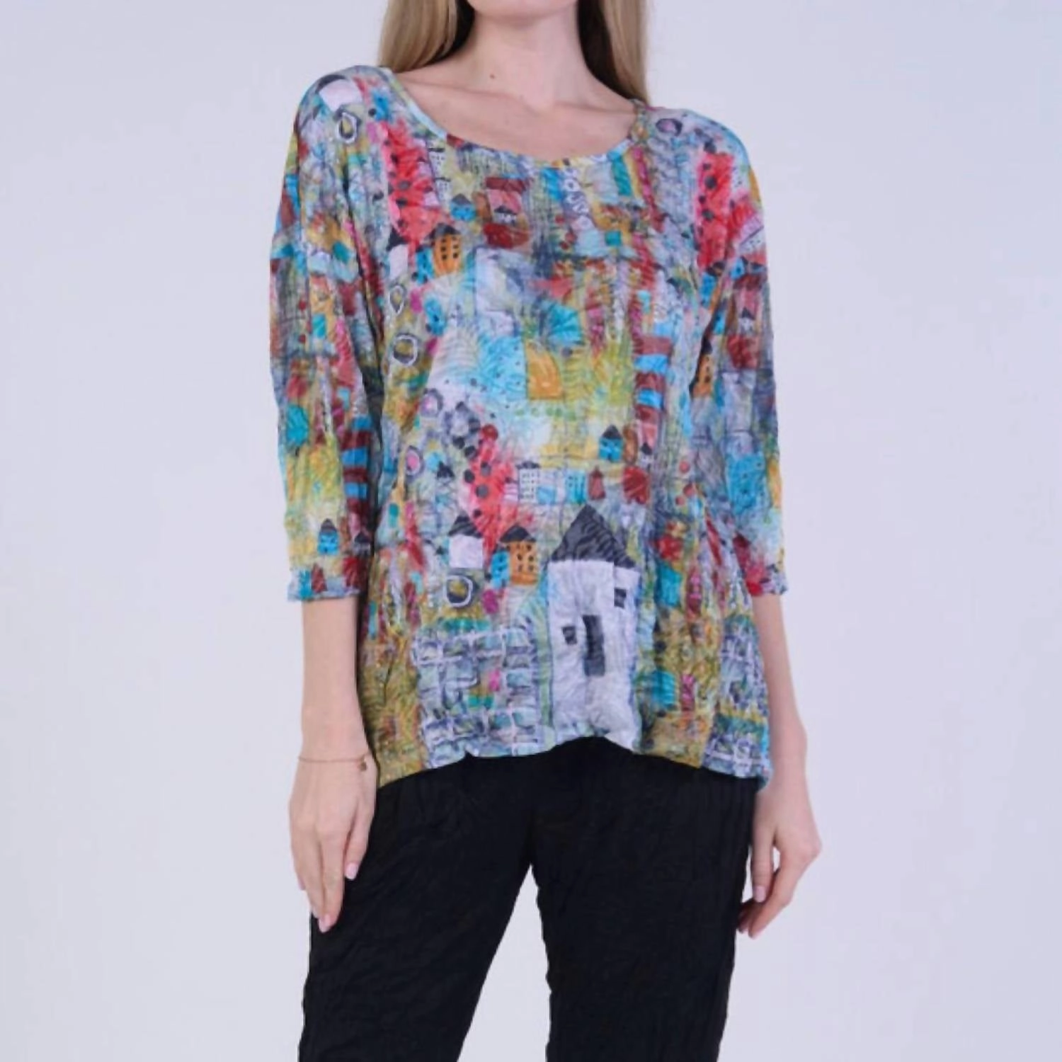 Crinkle Button Back Tunic Top In Multi