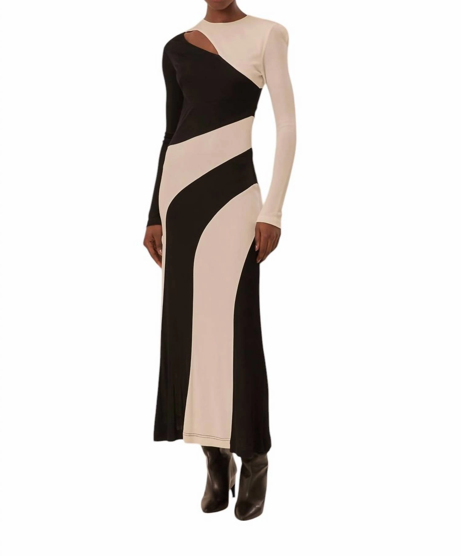 Cut Out Long Sleeve Midi Dress In Black/white