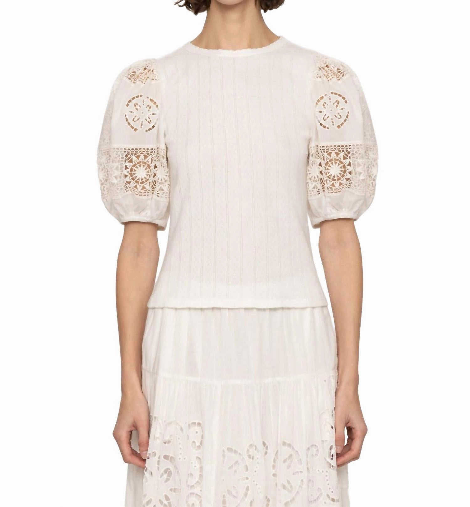 Dahlia Eyelet Combo Sleeve Tee In Pearl