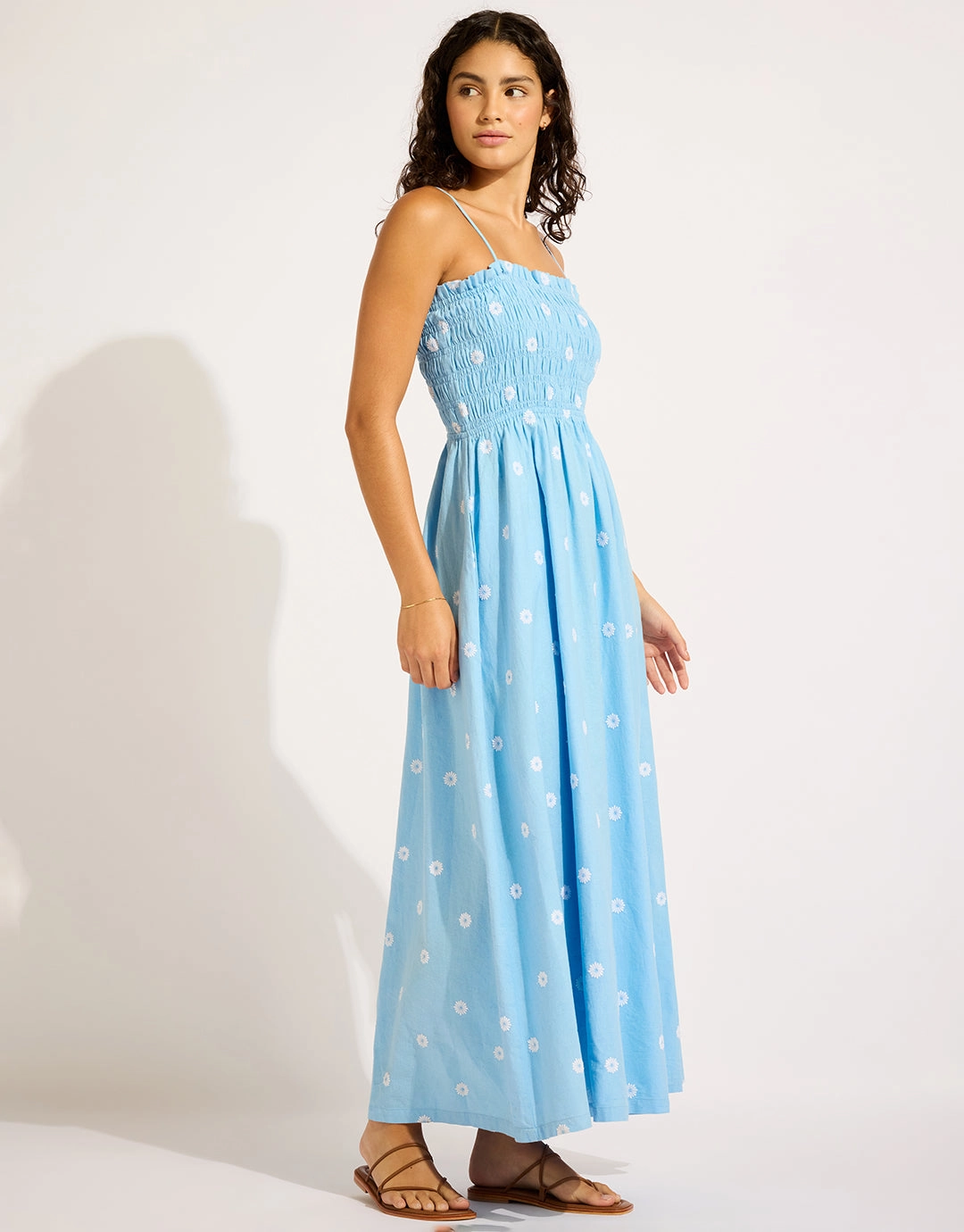 Daisy Chain Shirred Maxi Dress - Powder Blue
