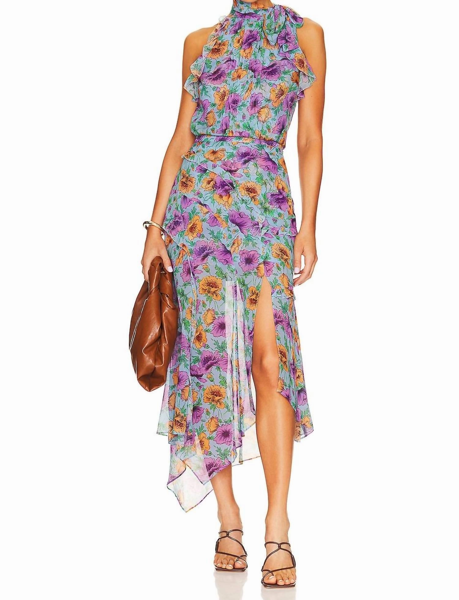 Dali Floral Silk Top In Lake Blue