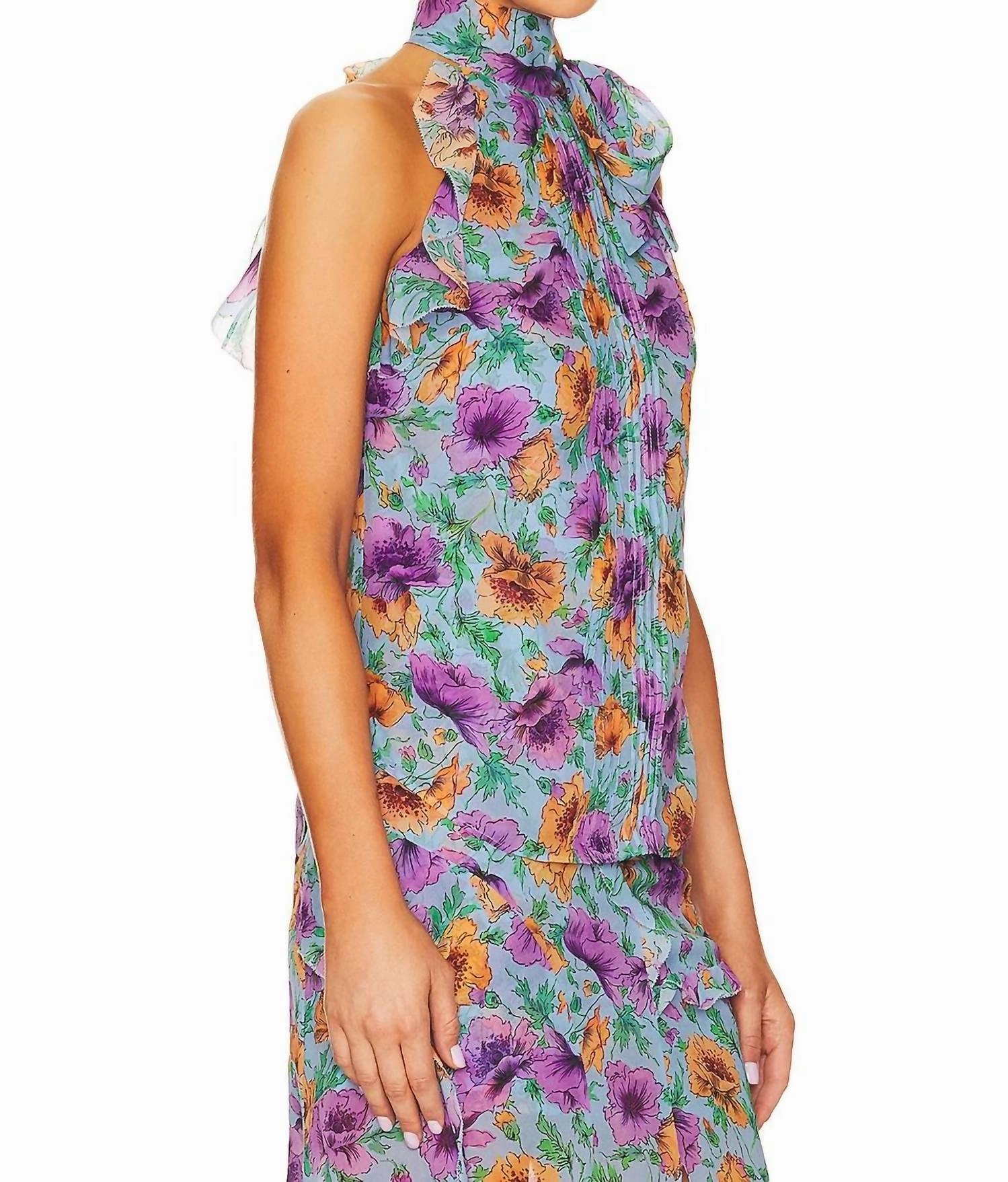Dali Floral Silk Top In Lake Blue