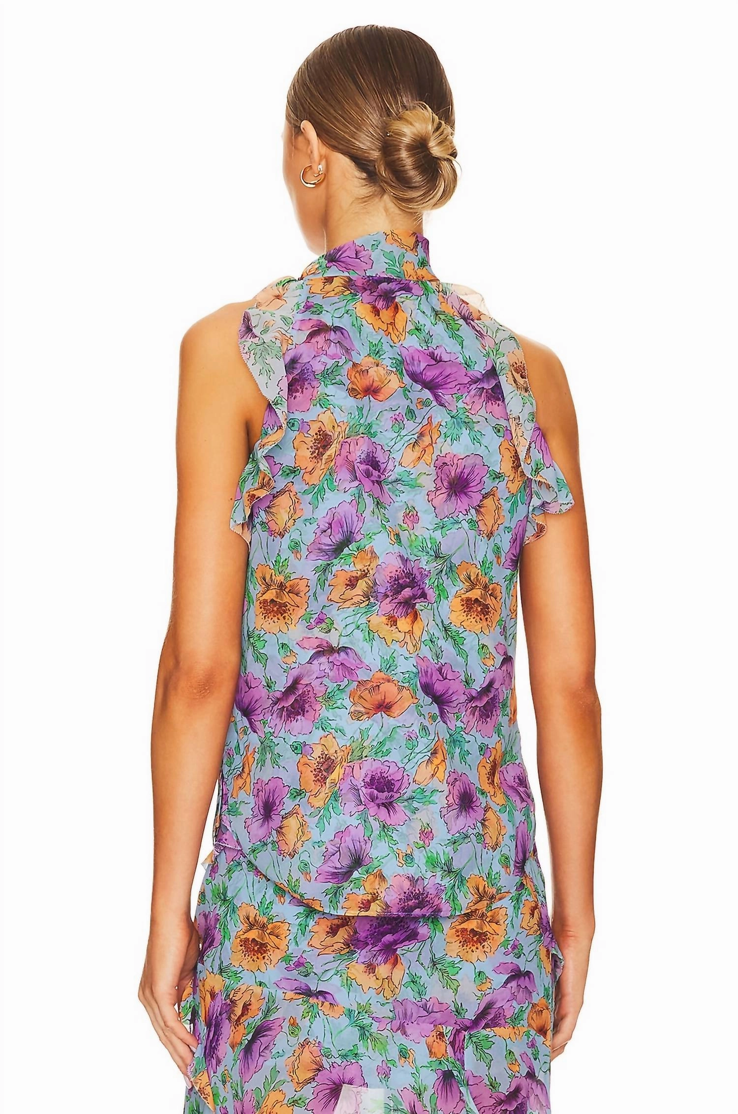 Dali Floral Silk Top In Lake Blue