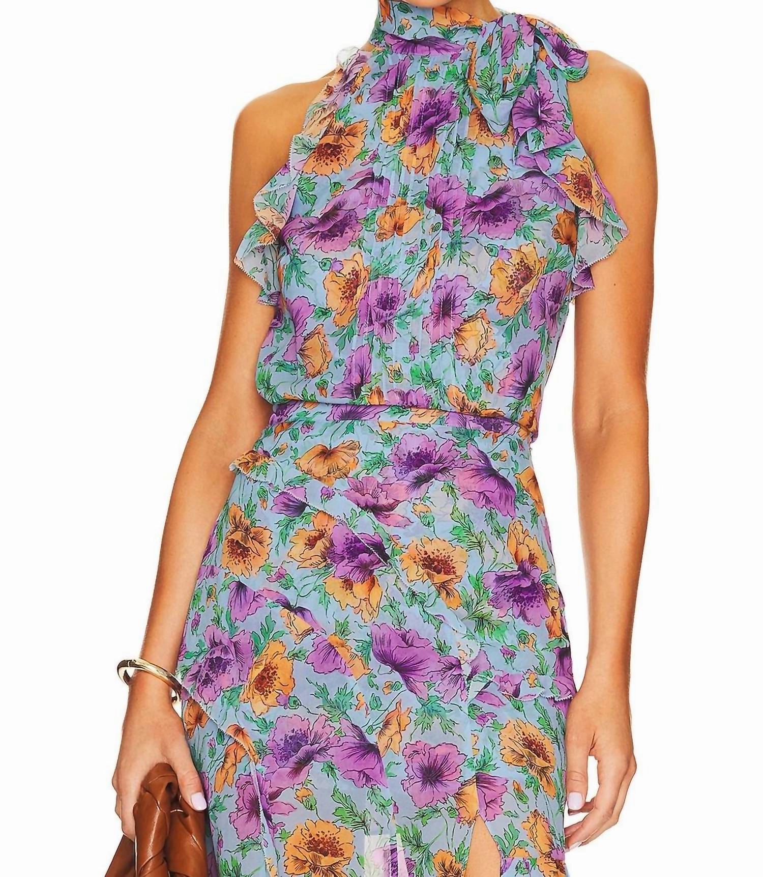 Dali Floral Silk Top In Lake Blue