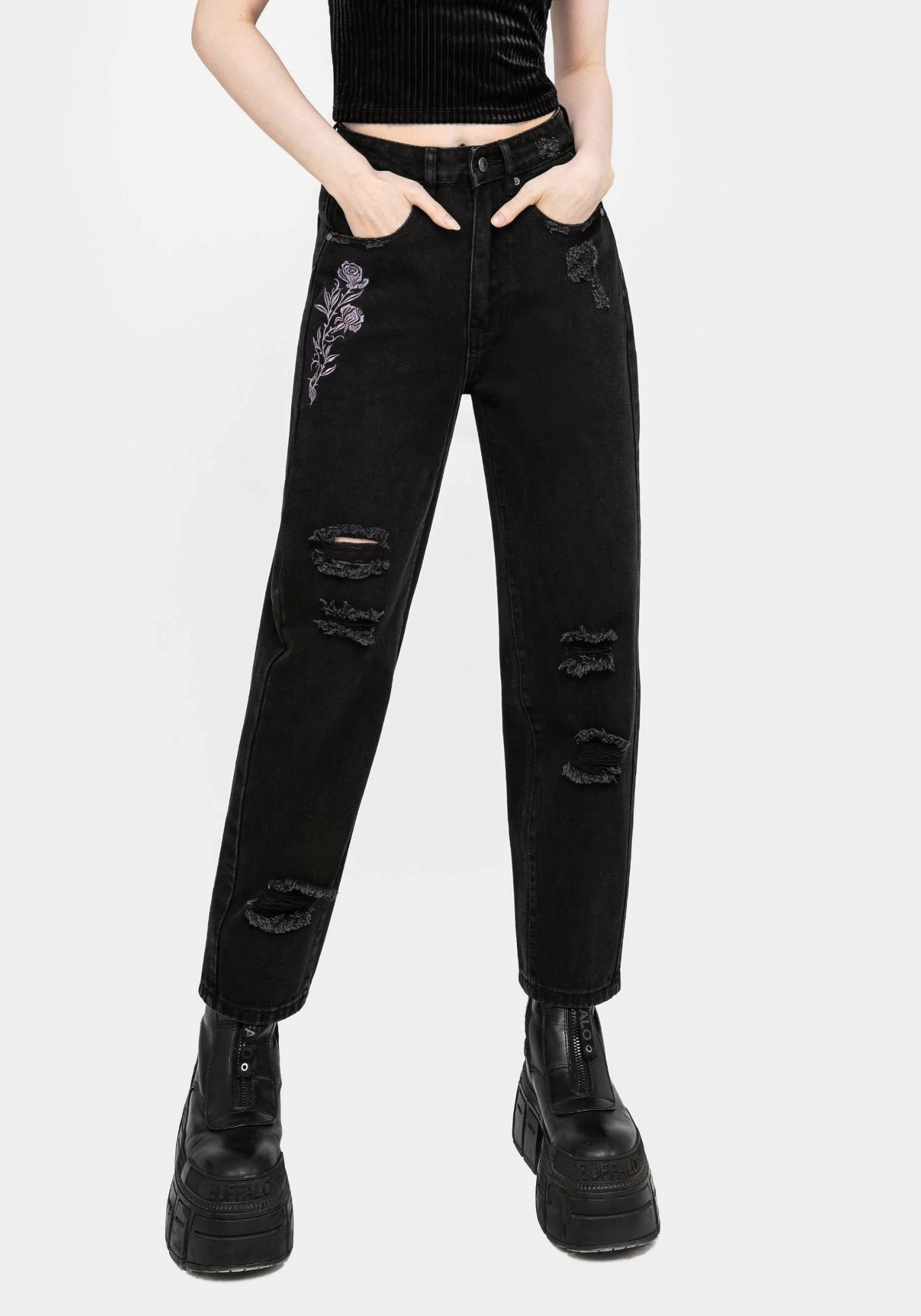 Deadhead Rose Embroidered Distressed Denim Barrel Leg Jeans Bottoms Womens - women's jeans sale