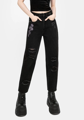Deadhead Rose Embroidered Distressed Denim Barrel Leg Jeans Bottoms Womens - women's jeans sale
