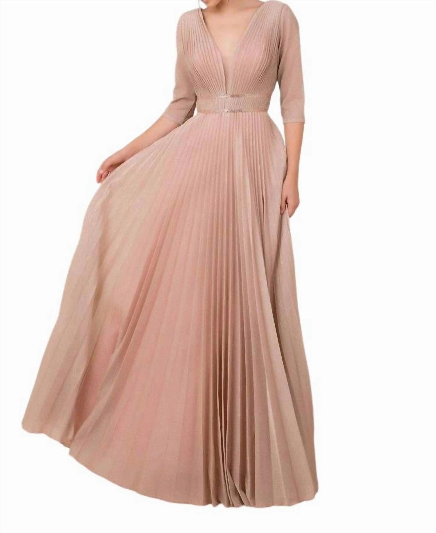 Deep V-Neck Pleated A-Line Dress In Rose Gold