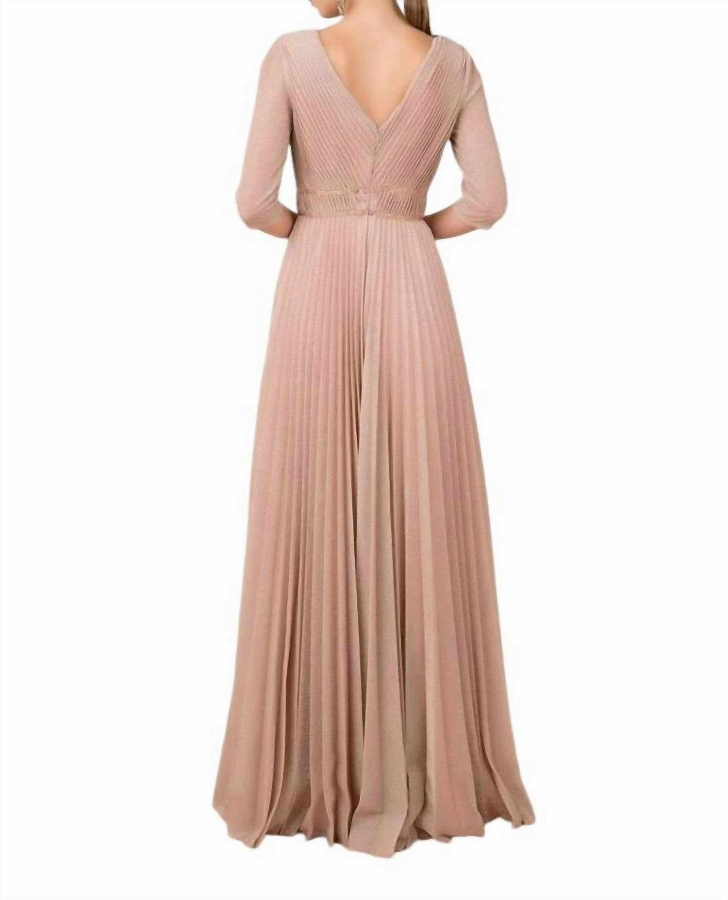 Deep V-Neck Pleated A-Line Dress In Rose Gold
