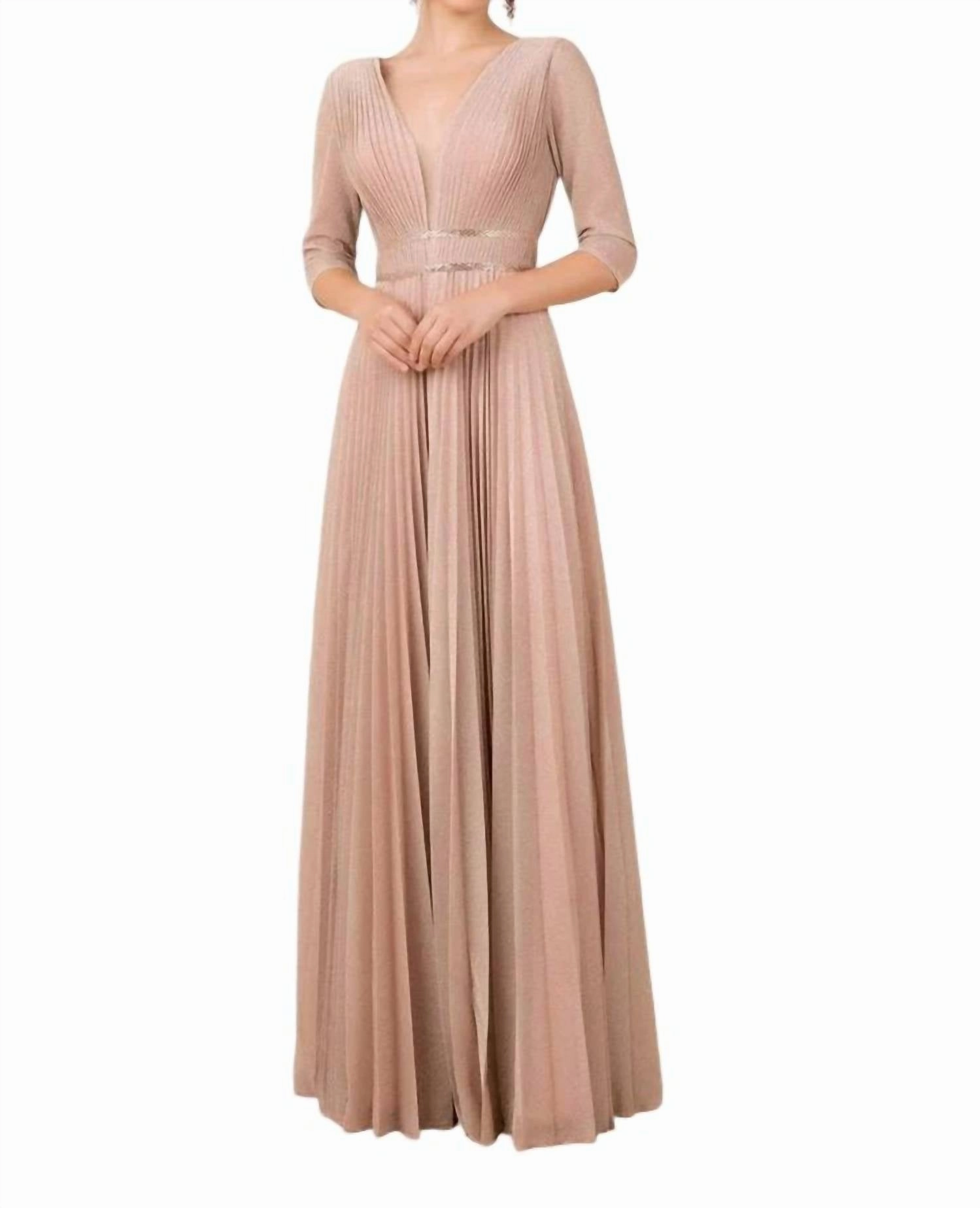 Deep V-Neck Pleated A-Line Dress In Rose Gold