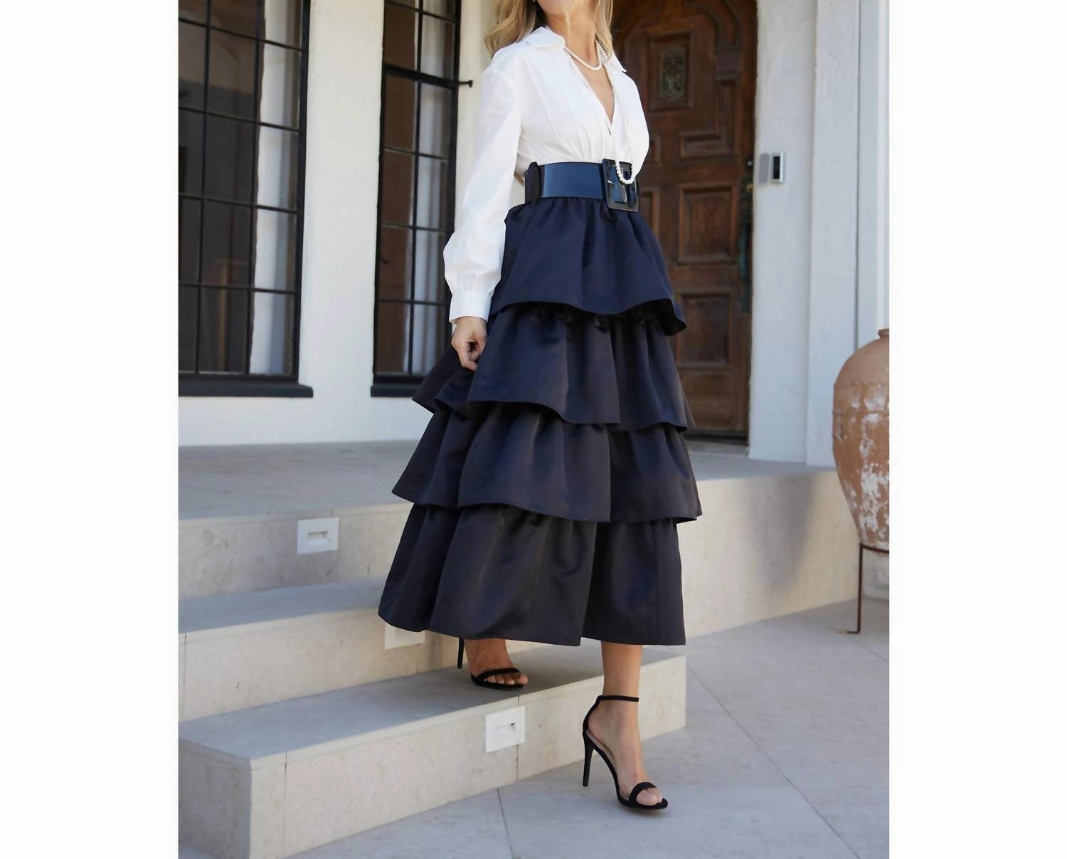 Deep V Neck Tiered Midi Dress With Accent Belt In Black/white