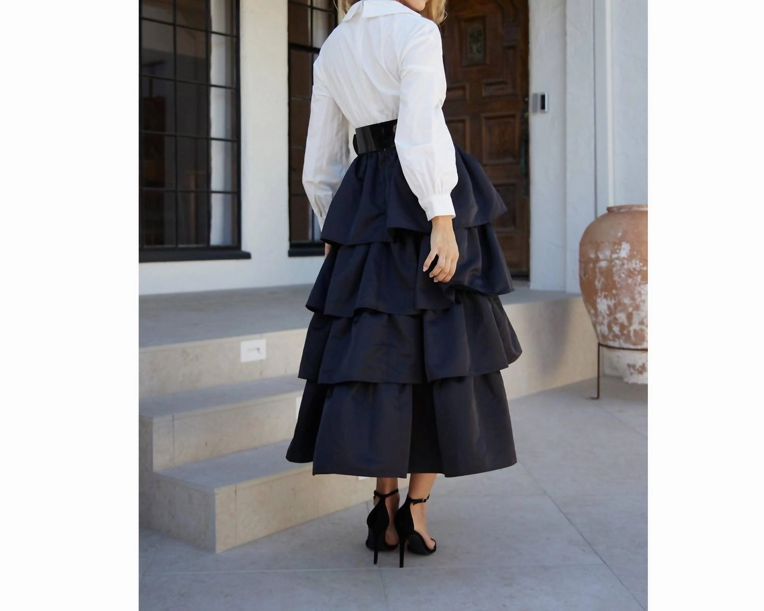Deep V Neck Tiered Midi Dress With Accent Belt In Black/white