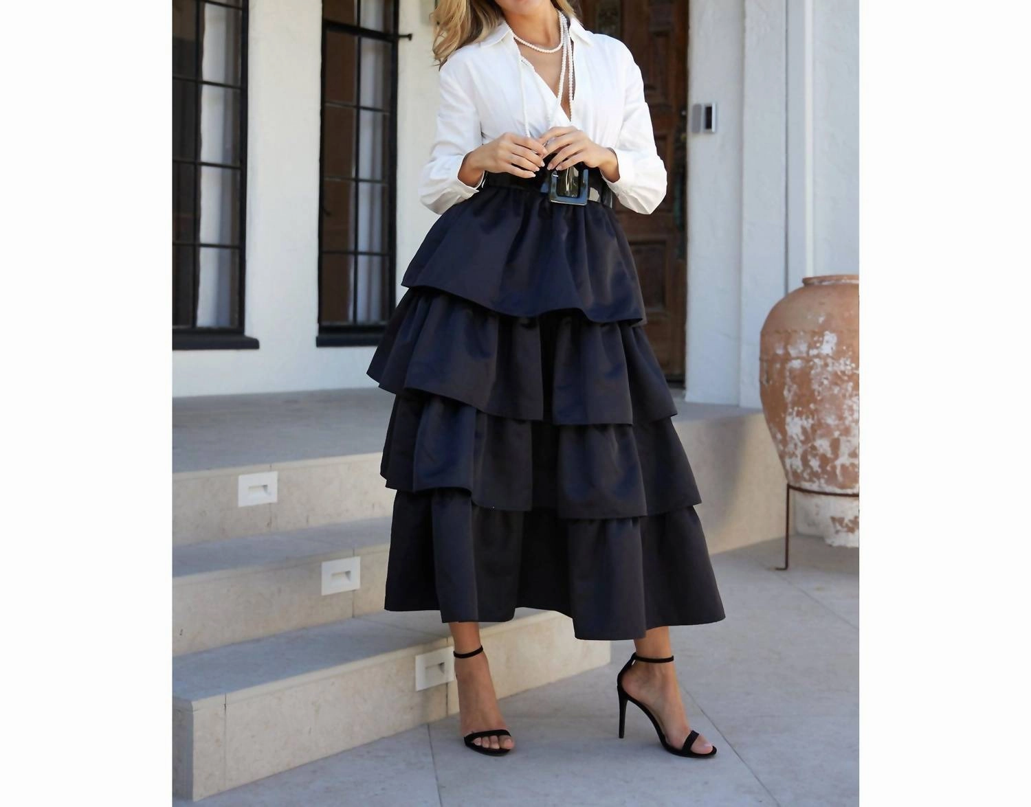 Deep V Neck Tiered Midi Dress With Accent Belt In Black/white