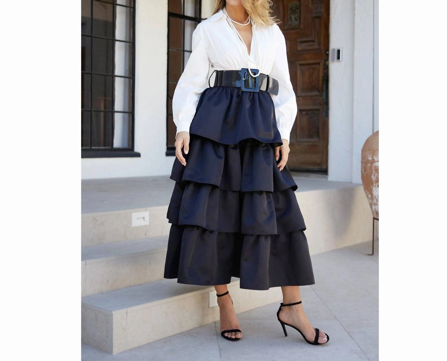 Deep V Neck Tiered Midi Dress With Accent Belt In Black/white