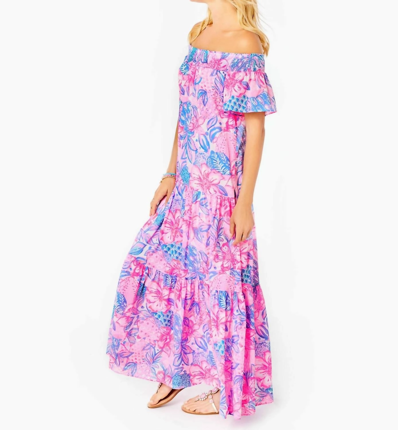 Dezi Off The Shoulder Maxi Dress in Pink Isle Snappy Turtle