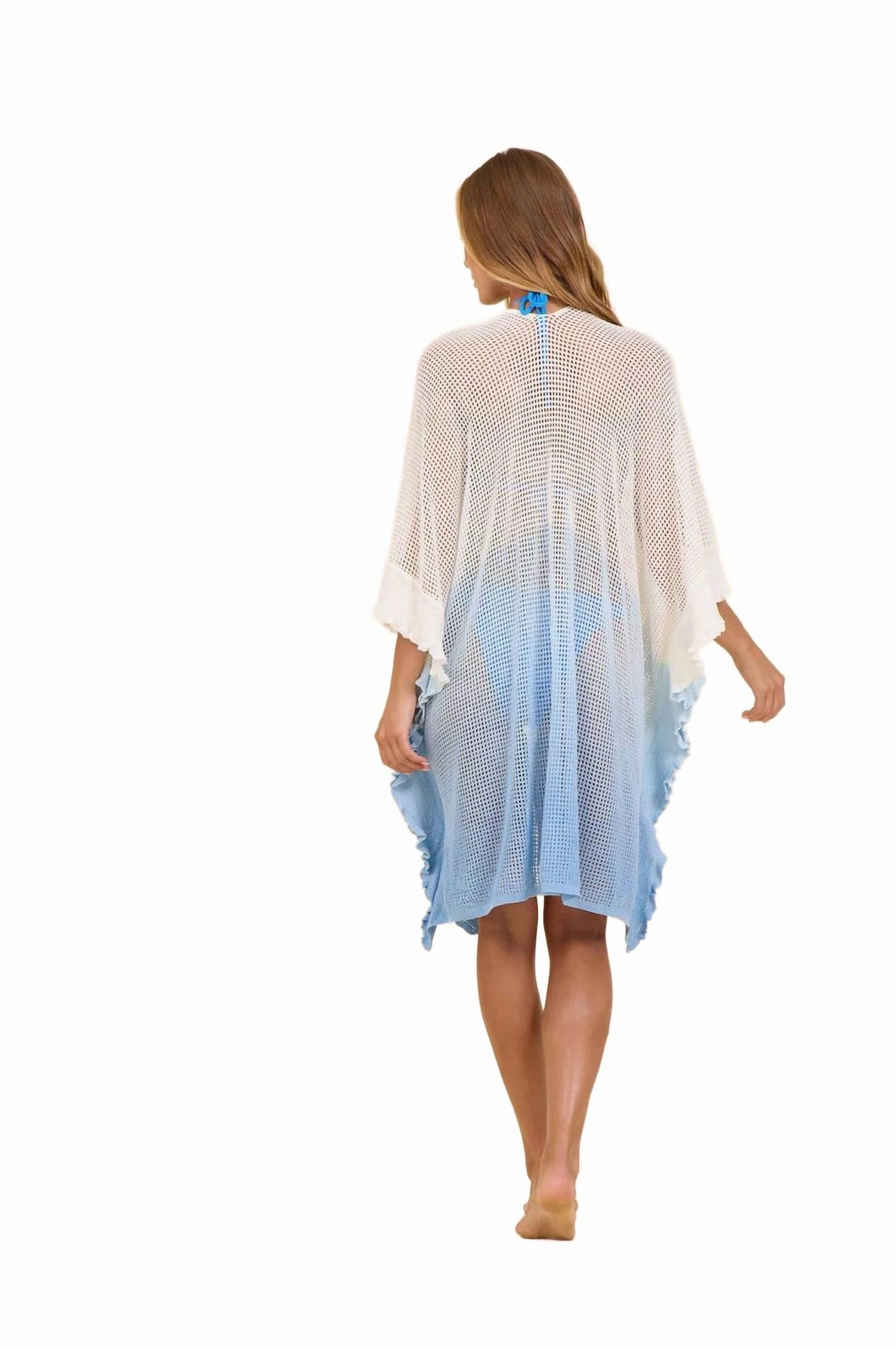 Dip Dye Mesh Kimono In Blue