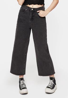 Dragonfly Embroidered Wide Leg Denim Culotte Jeans Bottoms Womens - women's jeans sale