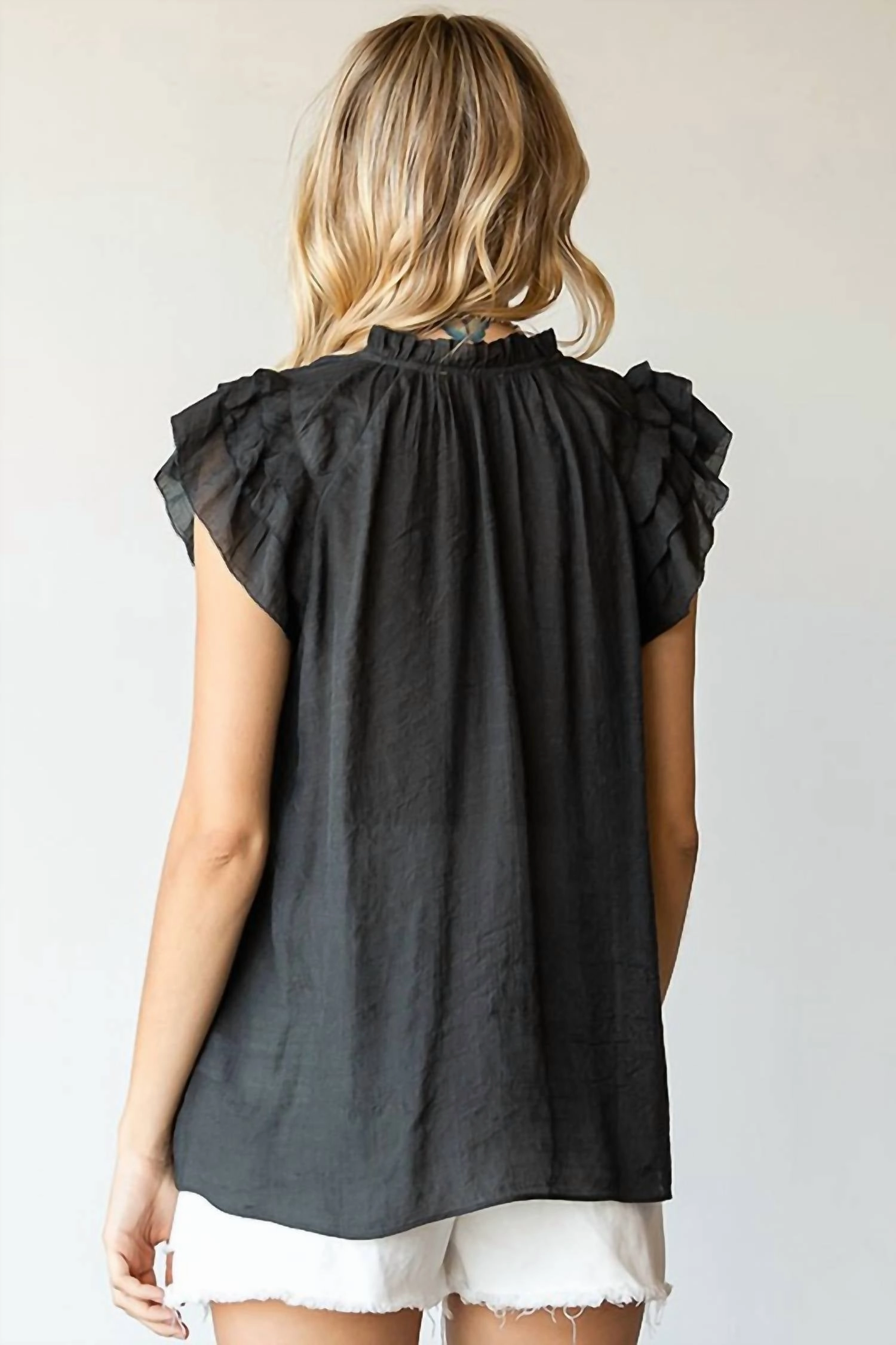 Drawstring Flutter Blouse - Plus In Black