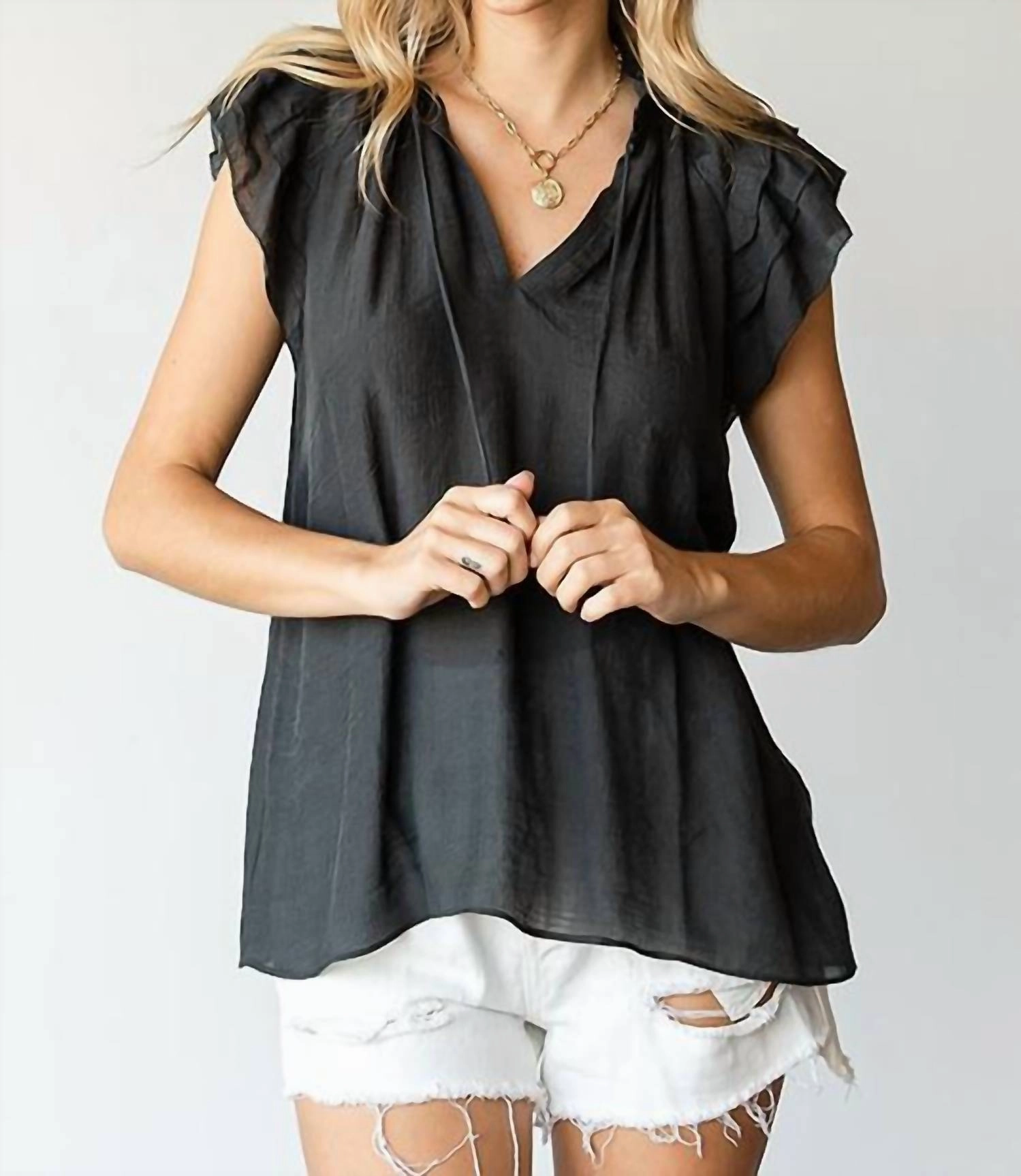 Drawstring Flutter Blouse - Plus In Black