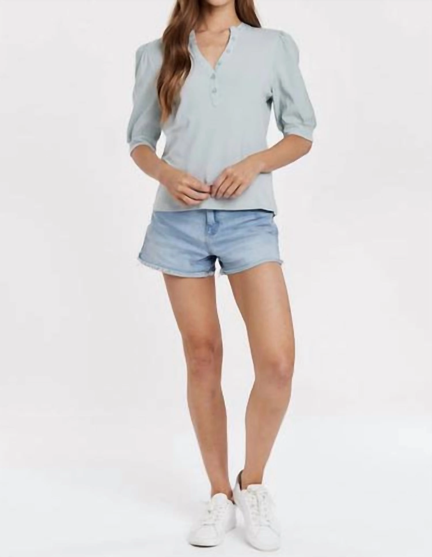 Eliza Puff Sleeve Henley In Mint