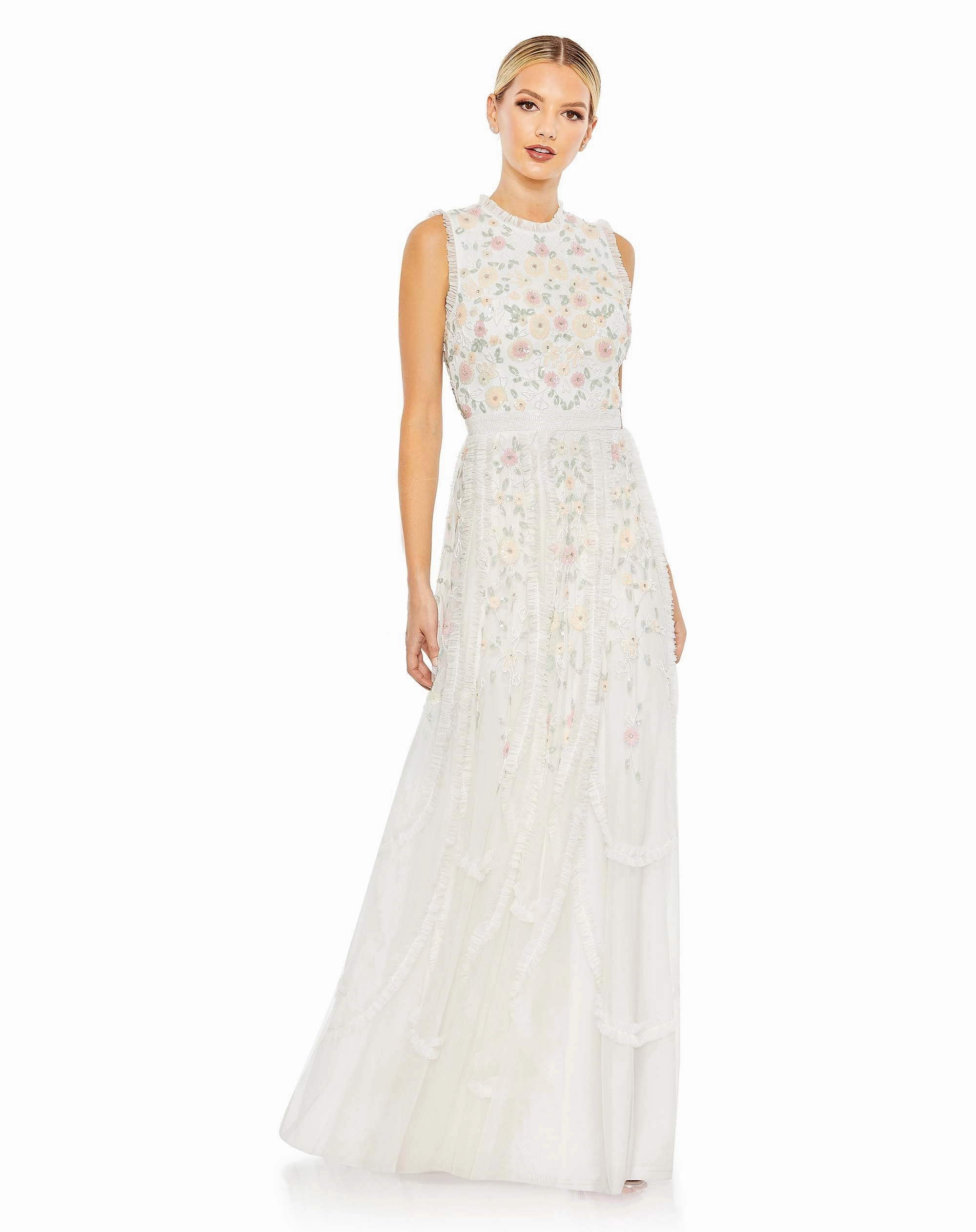 Embellished High Neck Sleeveless Ruffled Gown