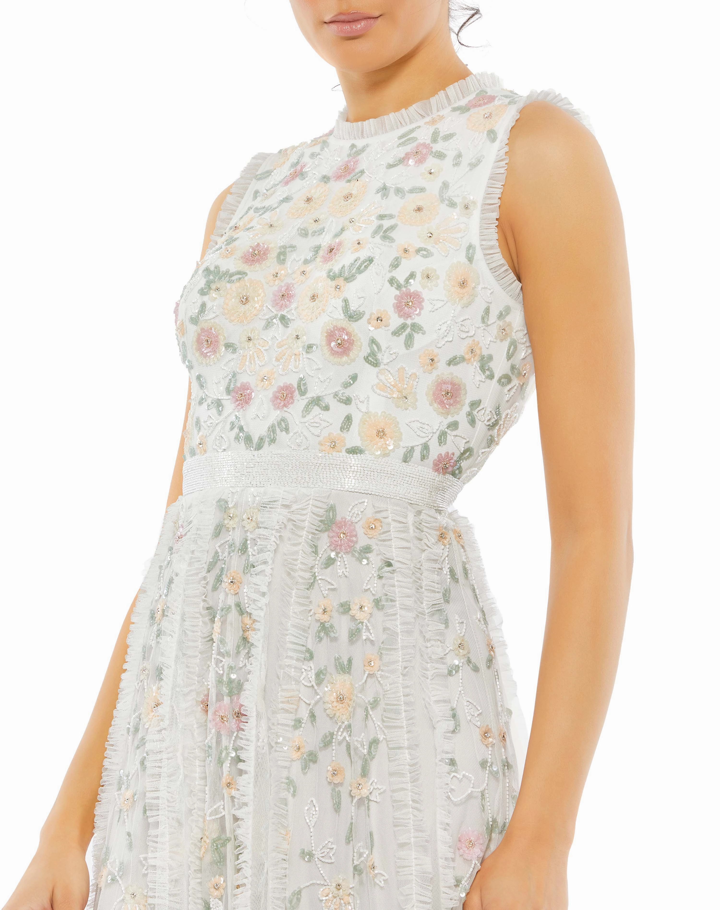Embellished High Neck Sleeveless Ruffled Gown
