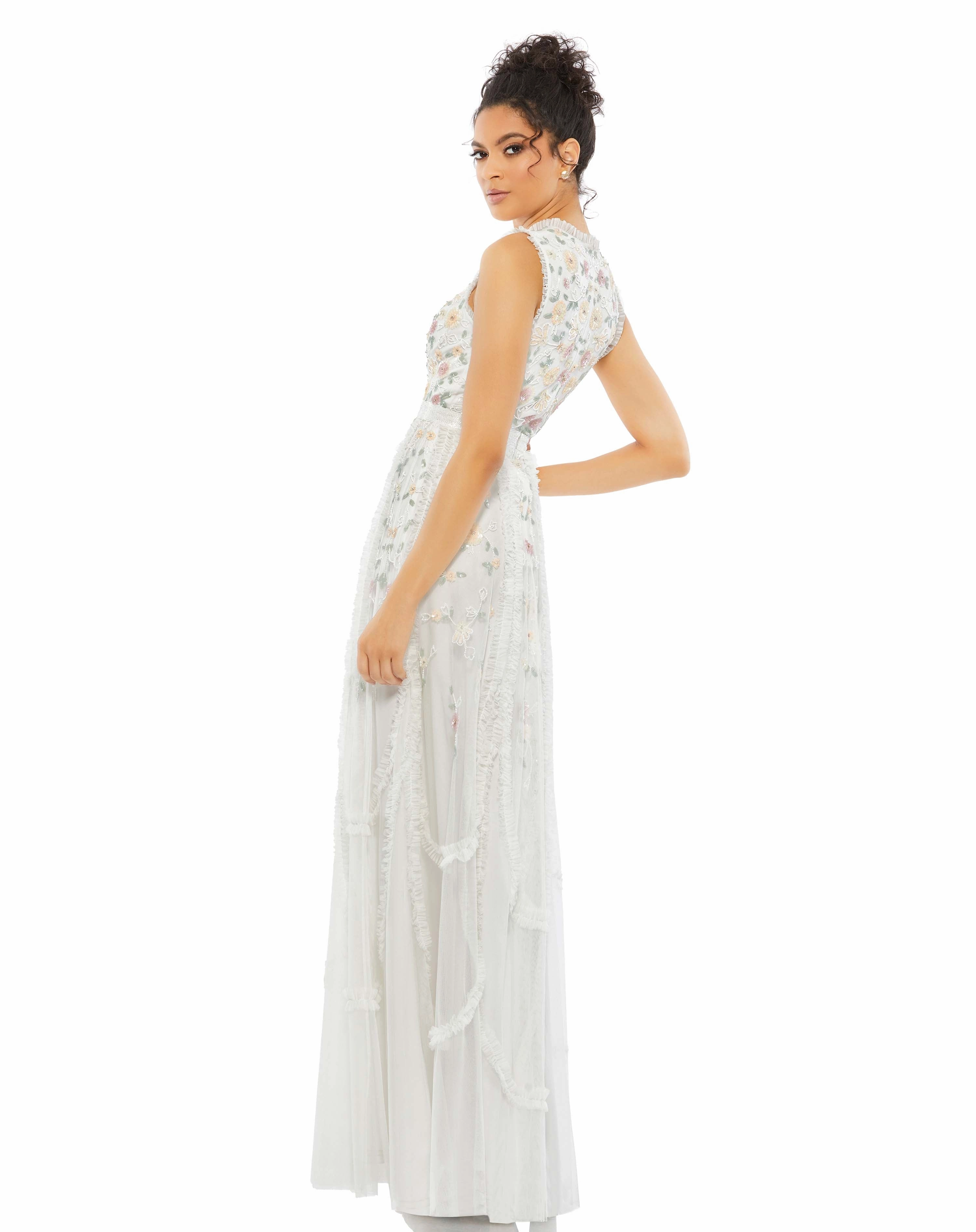 Embellished High Neck Sleeveless Ruffled Gown