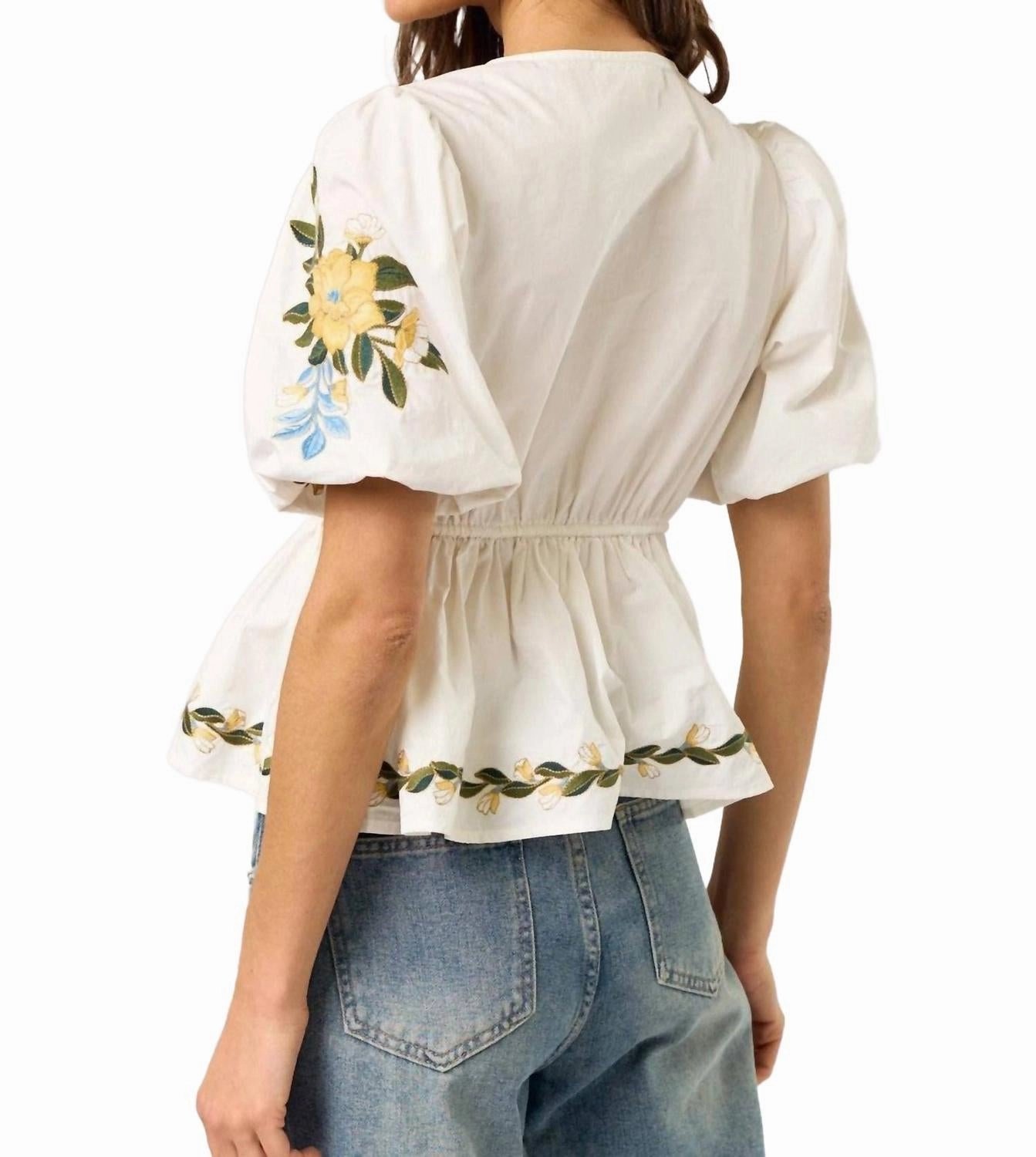Embroidered Puff Sleeve Blouse In White