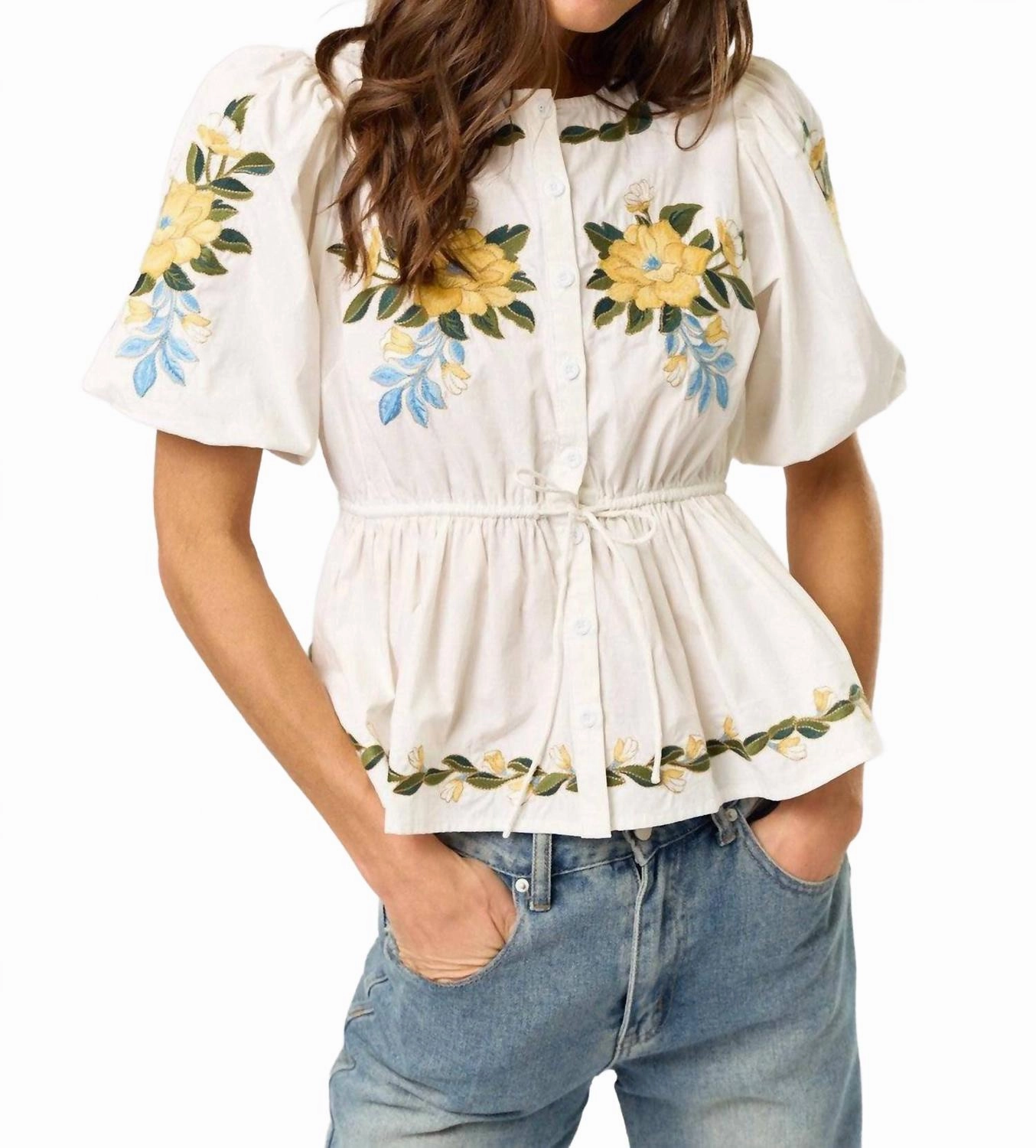 Embroidered Puff Sleeve Blouse In White