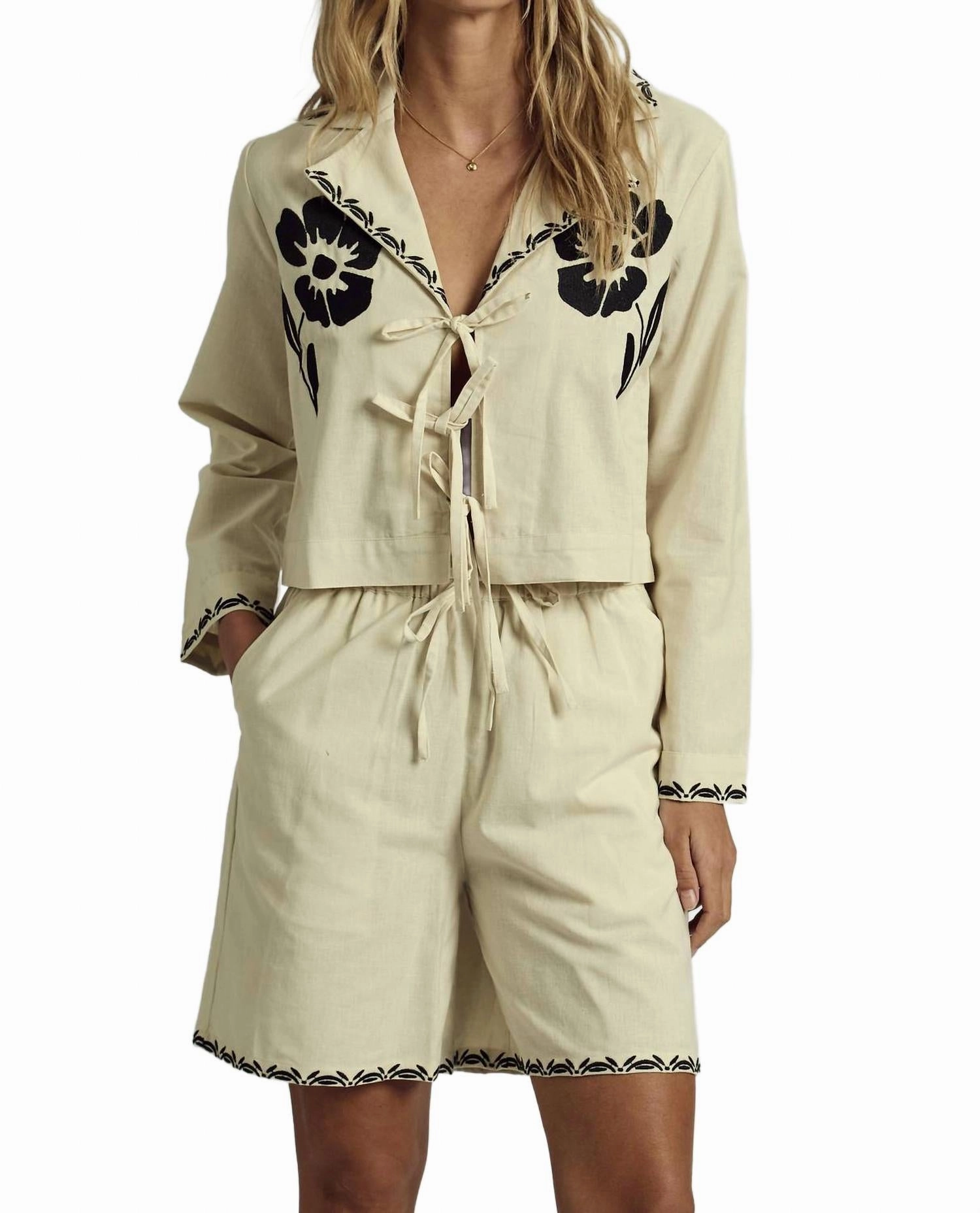 Embroidered Tie Detail Shirt In Stone