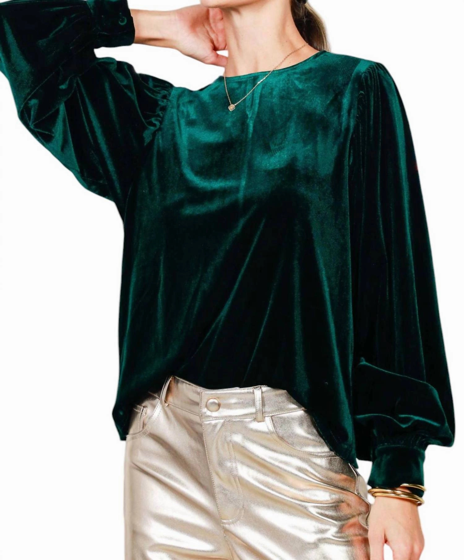 Emerald Balloon Sleeve Round Neck Velvet Blouse In Hunter Green