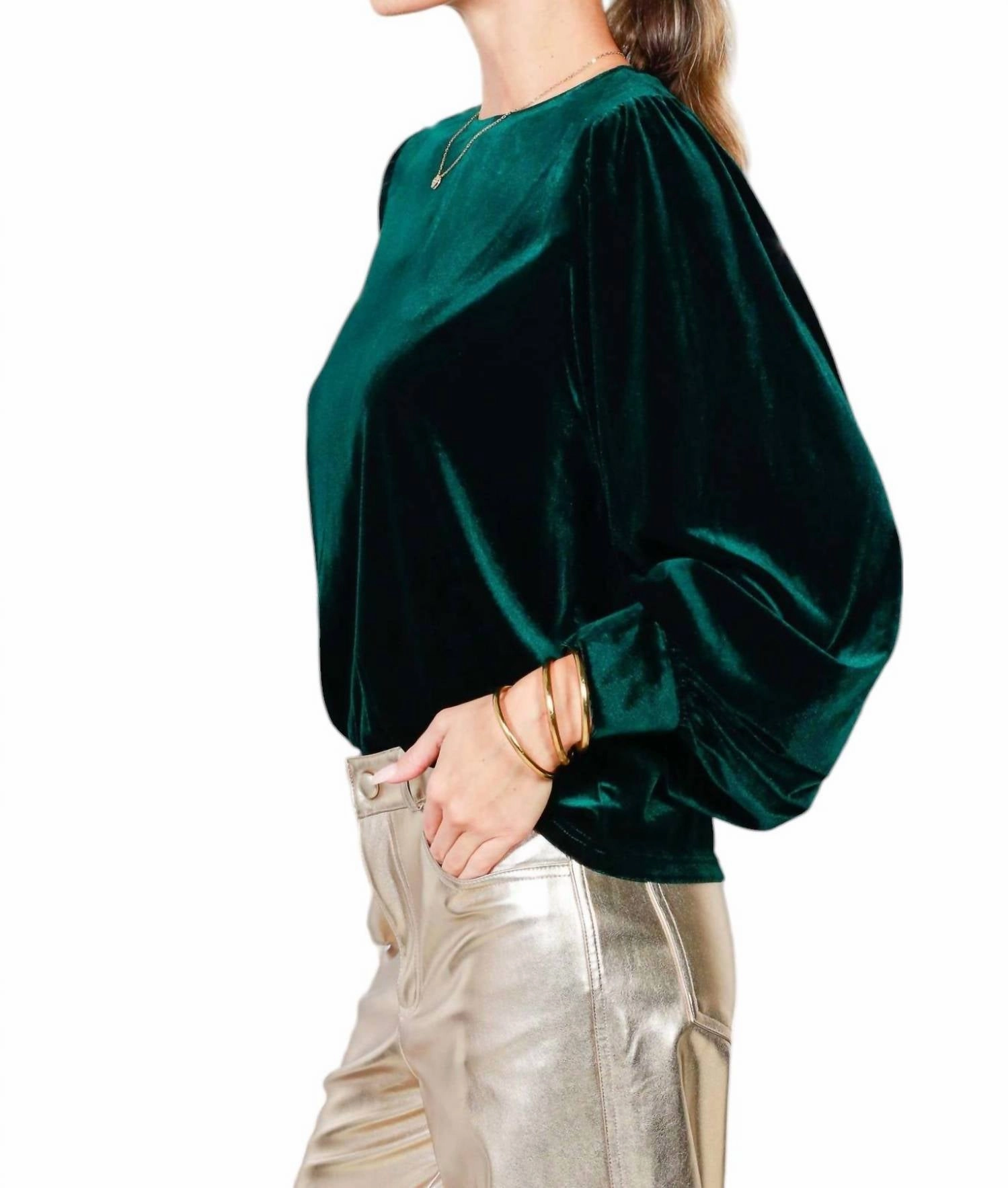 Emerald Balloon Sleeve Round Neck Velvet Blouse In Hunter Green