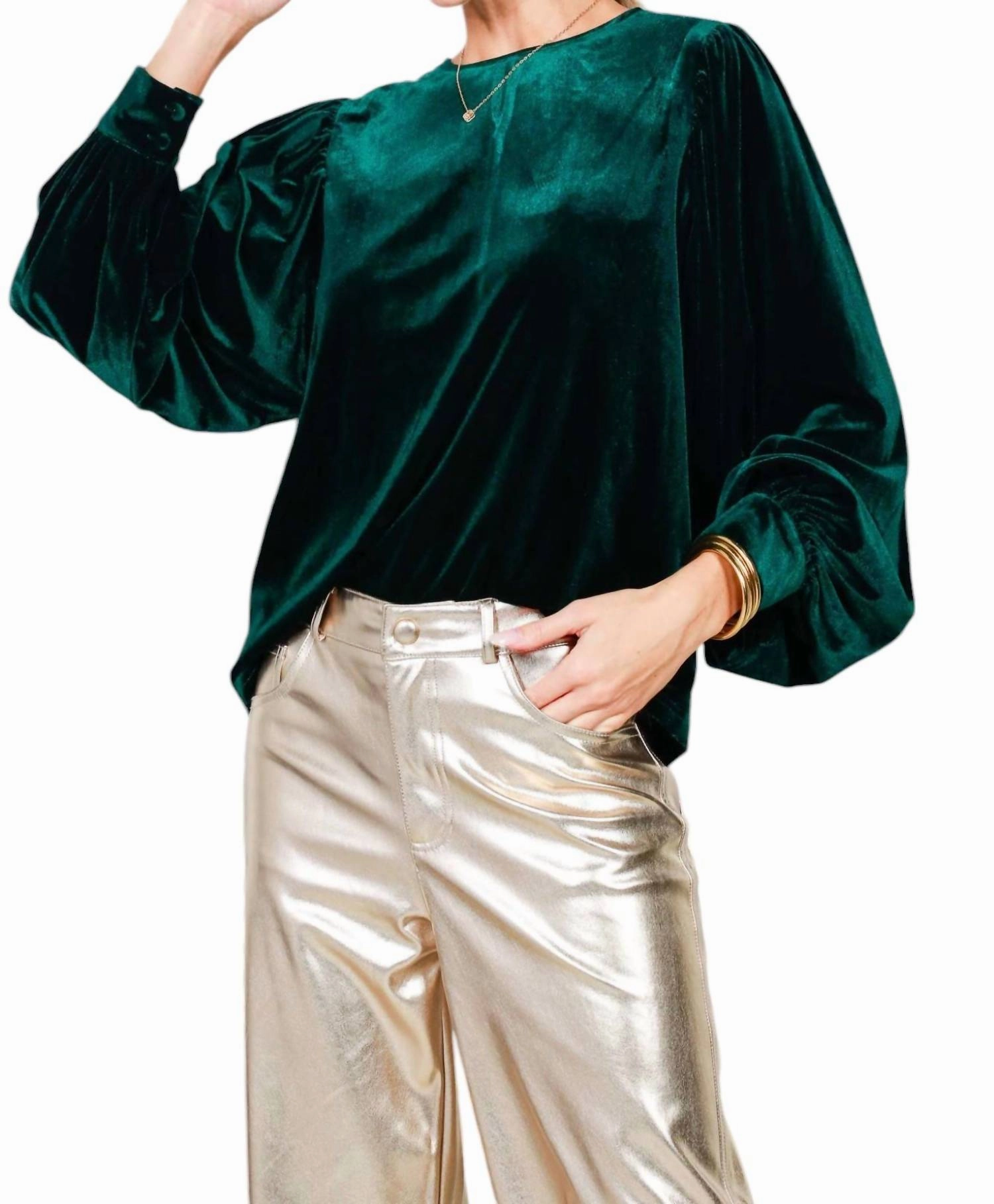 Emerald Balloon Sleeve Round Neck Velvet Blouse In Hunter Green