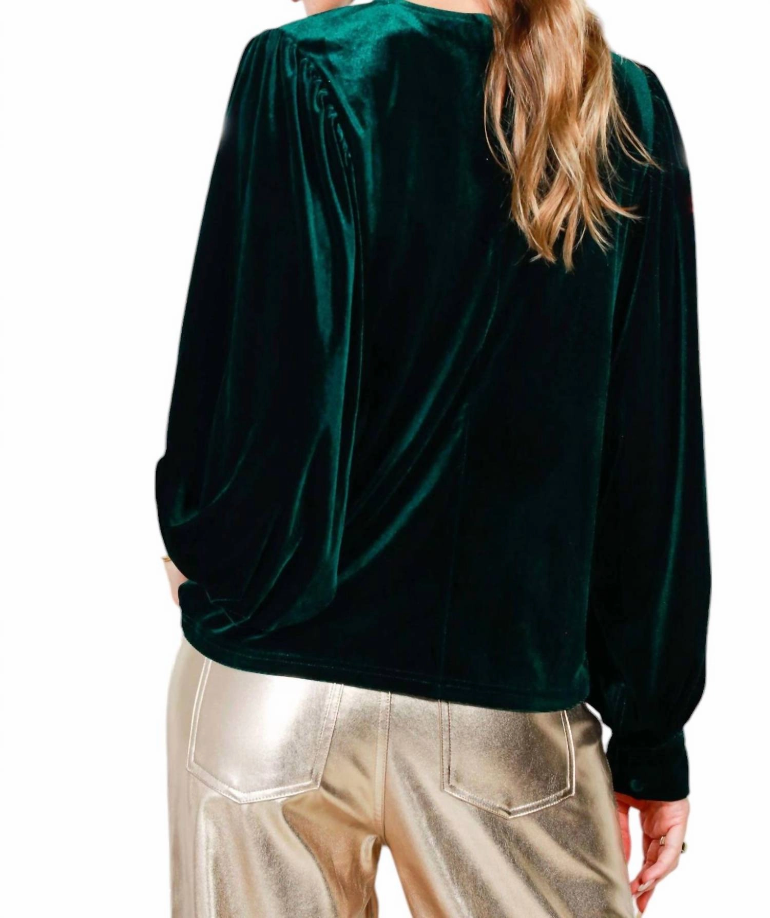 Emerald Balloon Sleeve Round Neck Velvet Blouse In Hunter Green