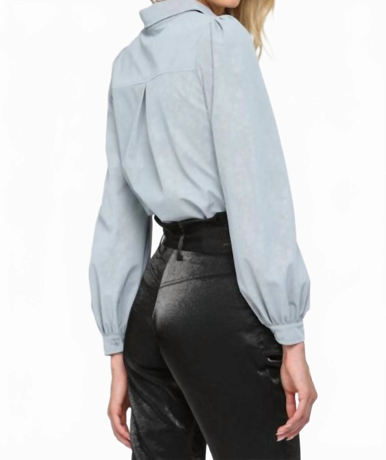Essential Textile Puff Sleeve Button Down Shirt In Powder Blue
