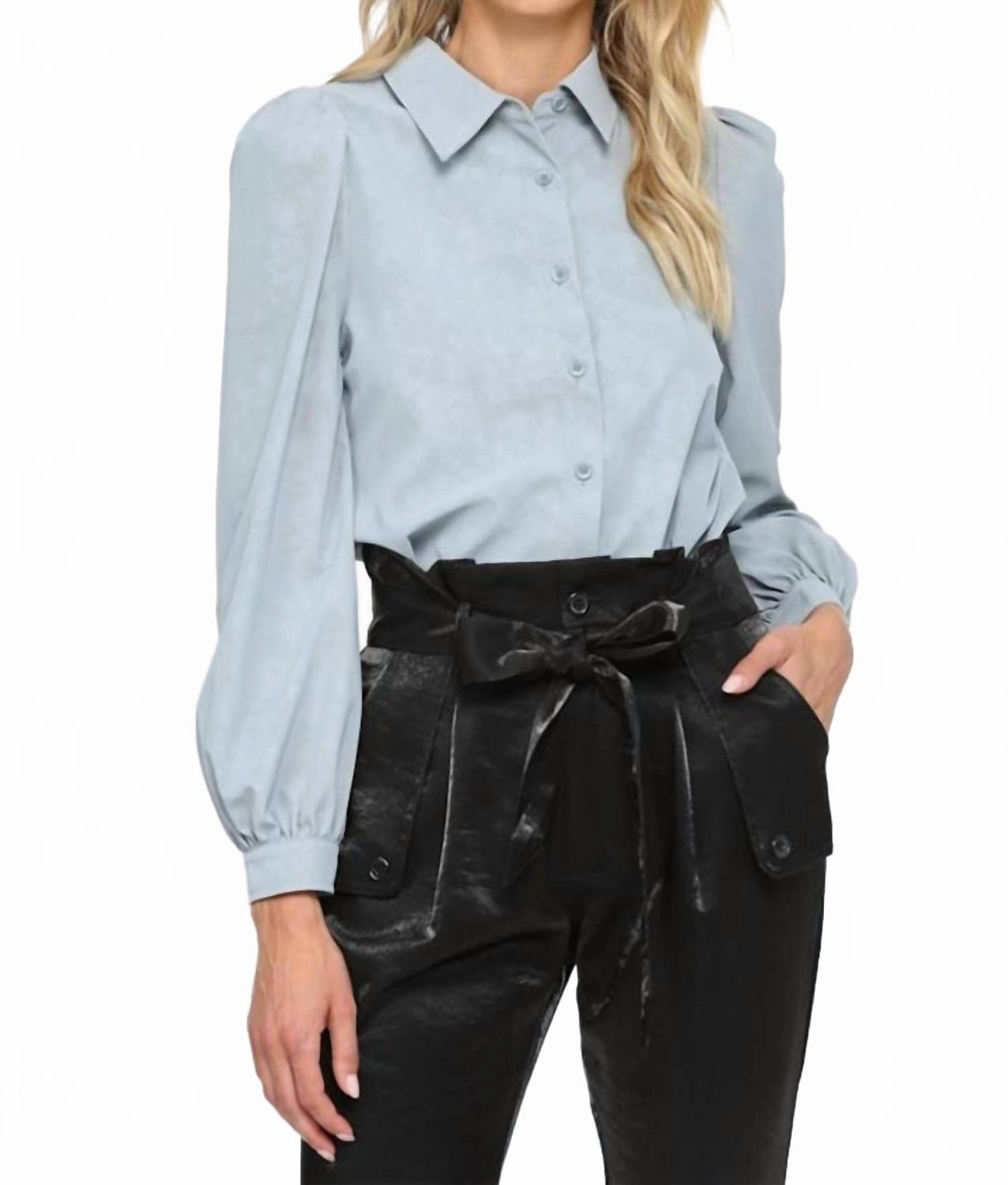 Essential Textile Puff Sleeve Button Down Shirt In Powder Blue