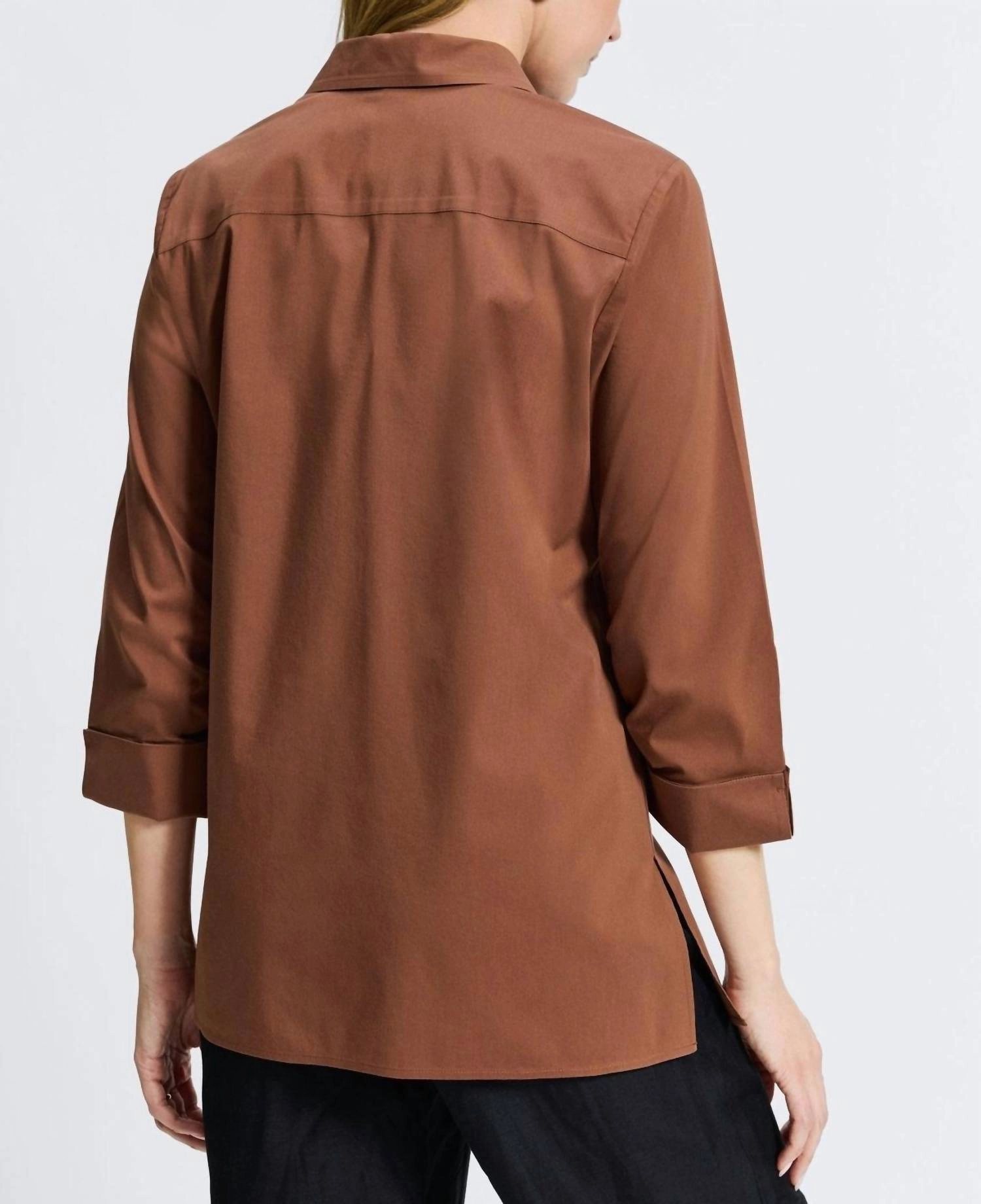 Evelyn No Iron Stretch 3/4 Sleeve Shirt In Machiato/brown