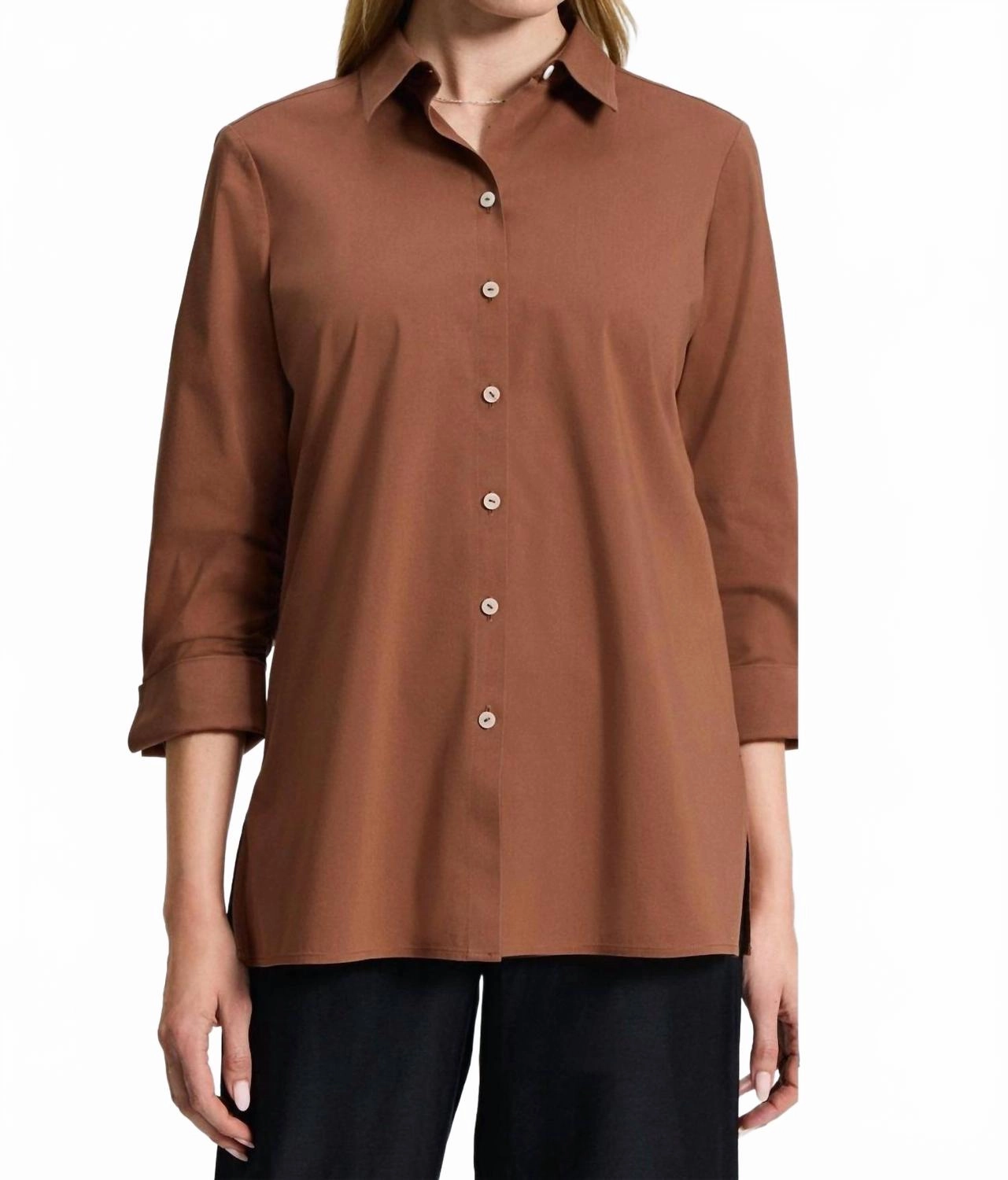 Evelyn No Iron Stretch 3/4 Sleeve Shirt In Machiato/brown