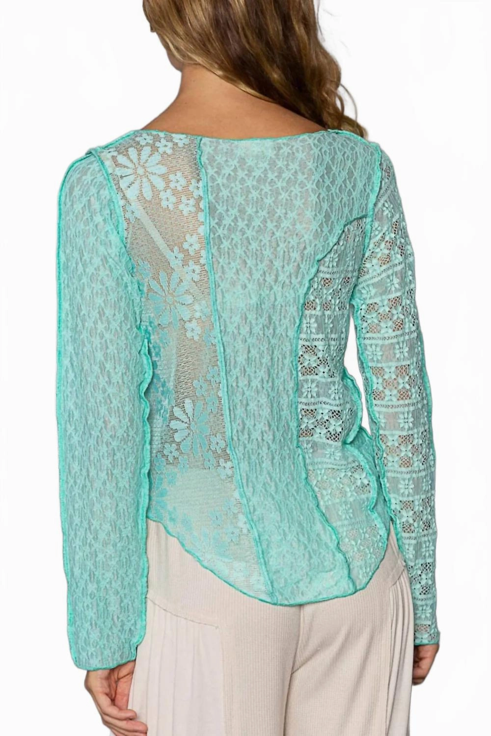 Exposed Seam Long Sleeve Lace Knit Top In Electric Blue