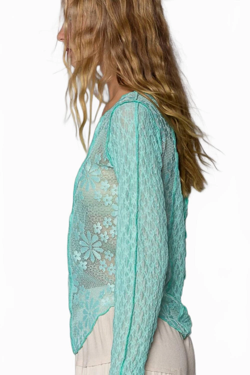 Exposed Seam Long Sleeve Lace Knit Top In Electric Blue