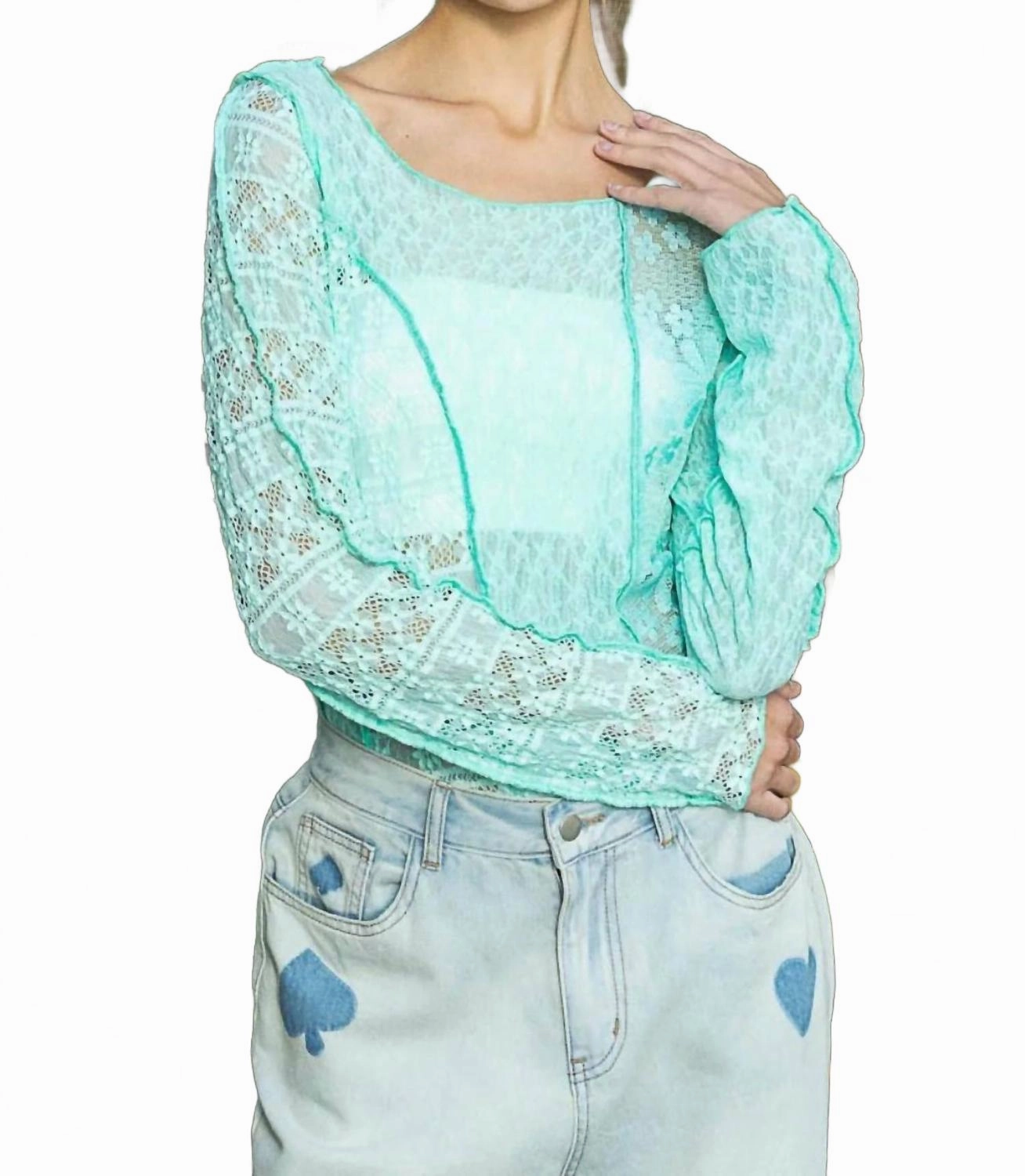 Exposed Seam Long Sleeve Lace Knit Top In Electric Blue