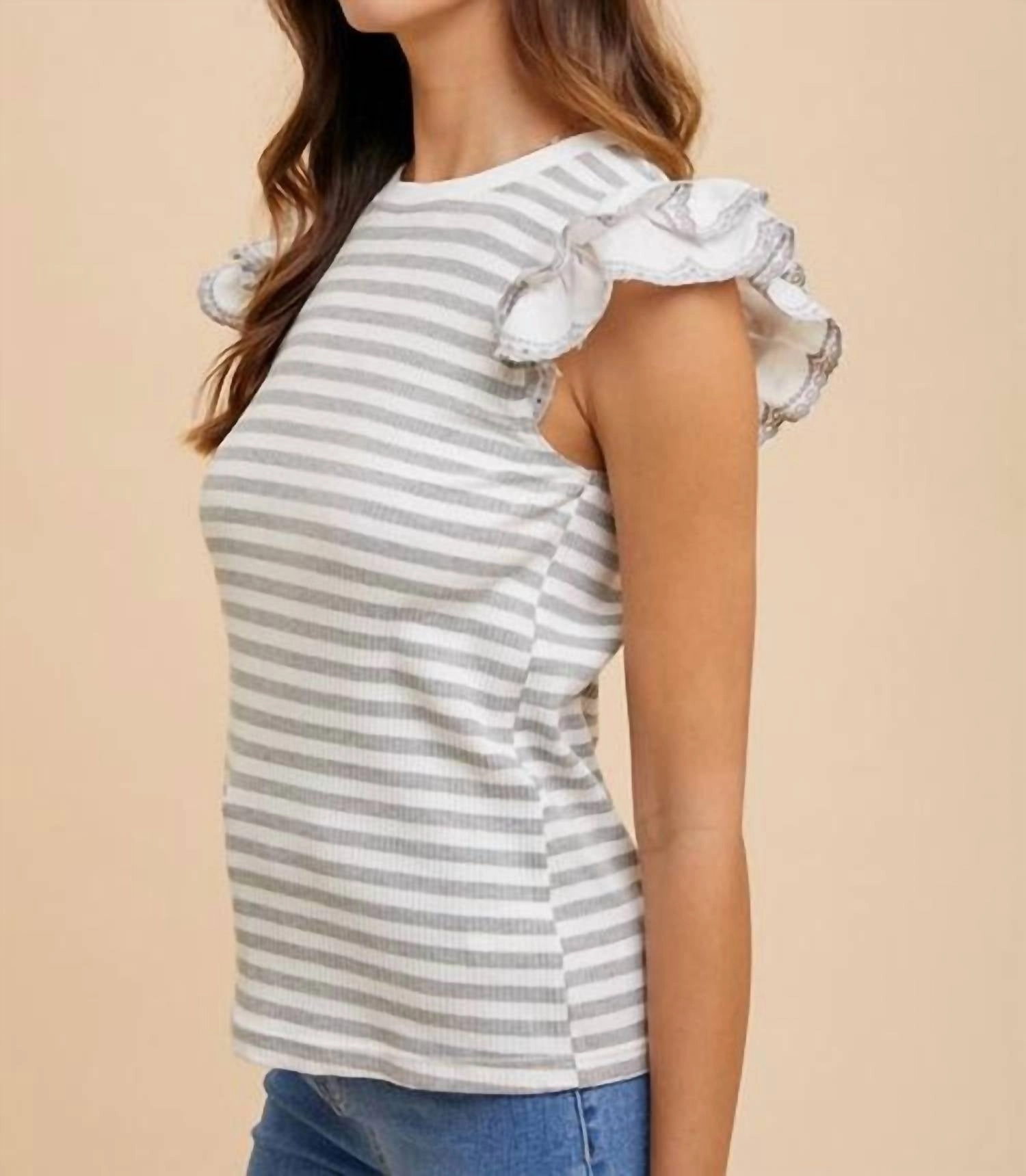 Eyelet Double Ruffle Sleeve Stripe Knit Top In Light Gray