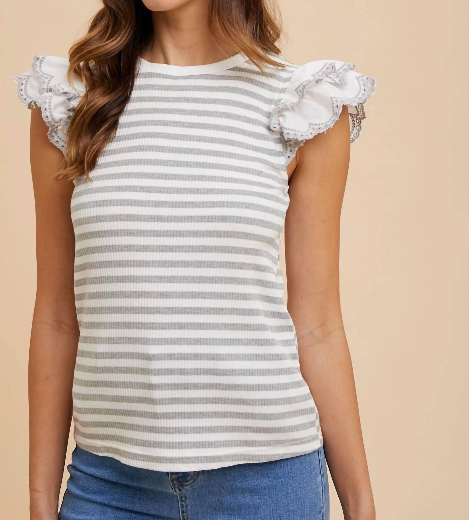 Eyelet Double Ruffle Sleeve Stripe Knit Top In Light Gray