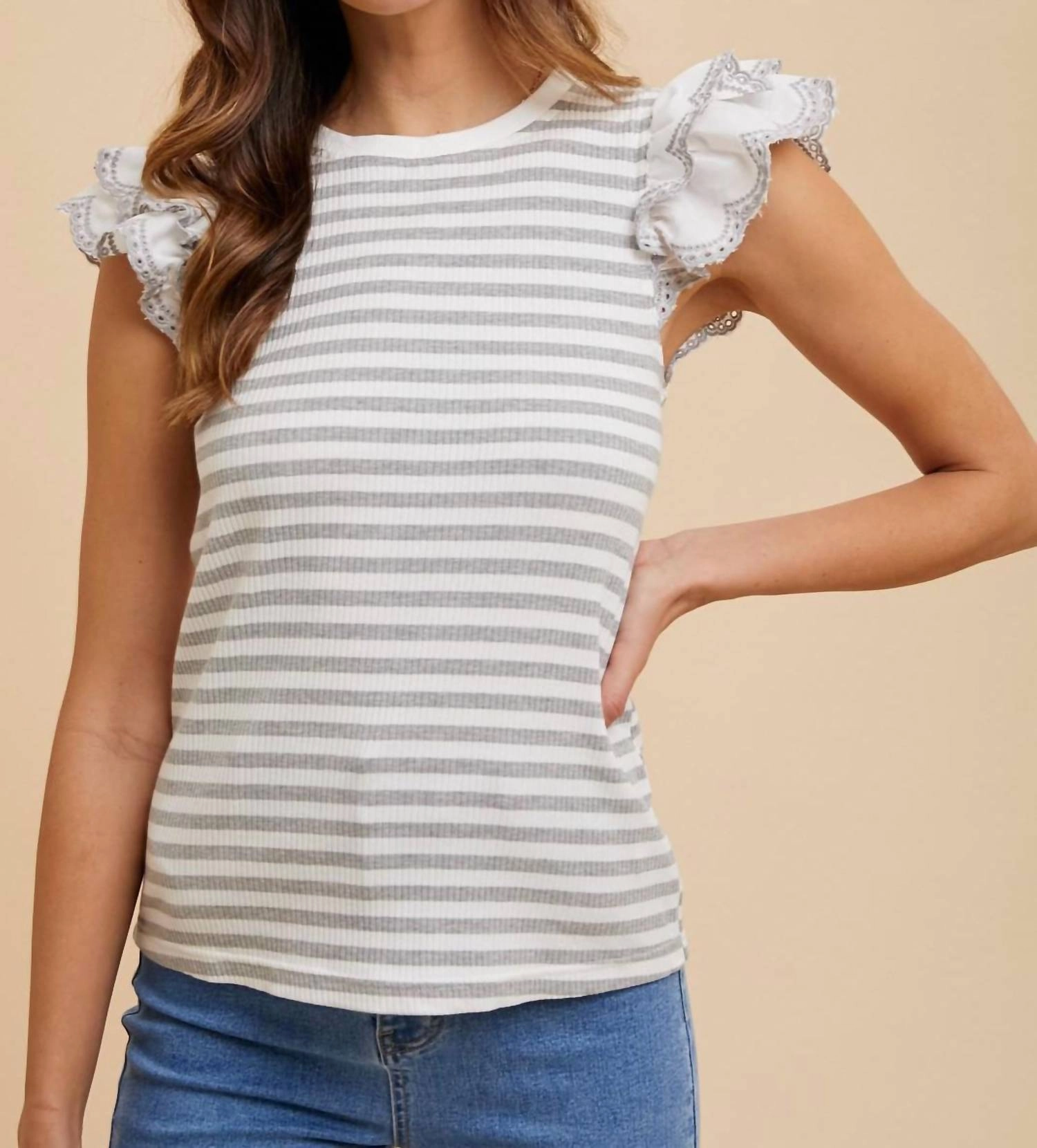 Eyelet Double Ruffle Sleeve Stripe Knit Top In Light Gray