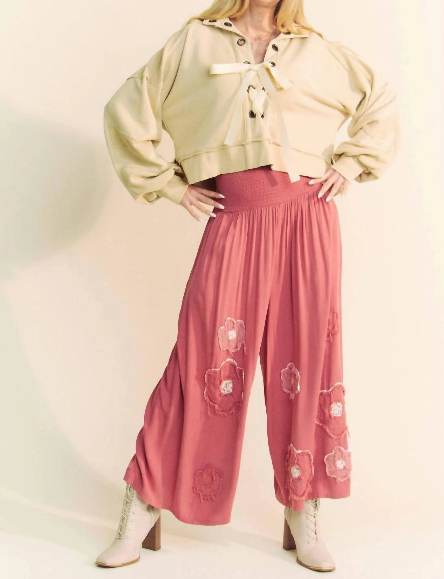 Eyelet Lace Up Top In Natural